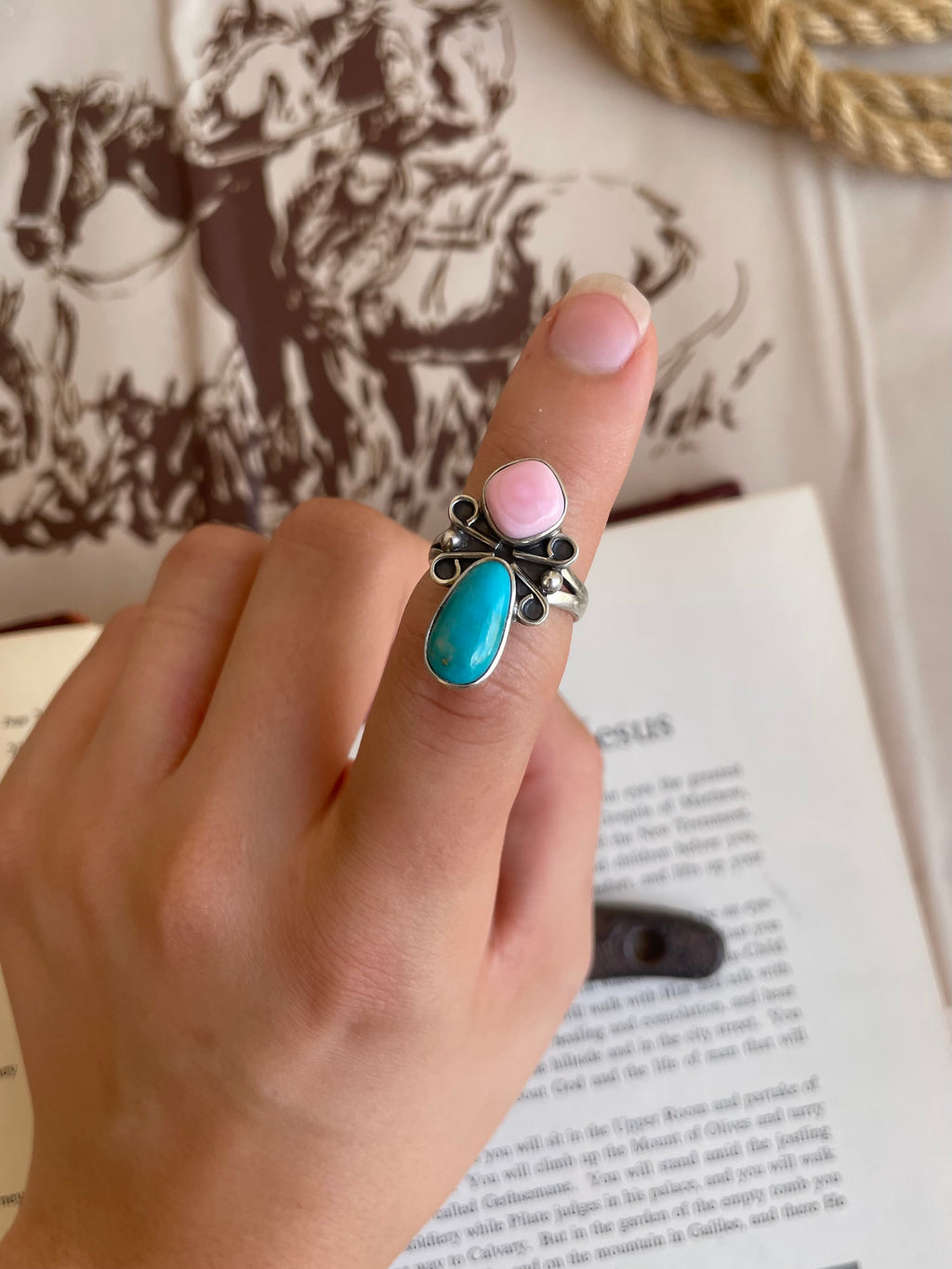 Pink Conch & Turquoise Ring | 925 Sterling Silver | Size 7 G831