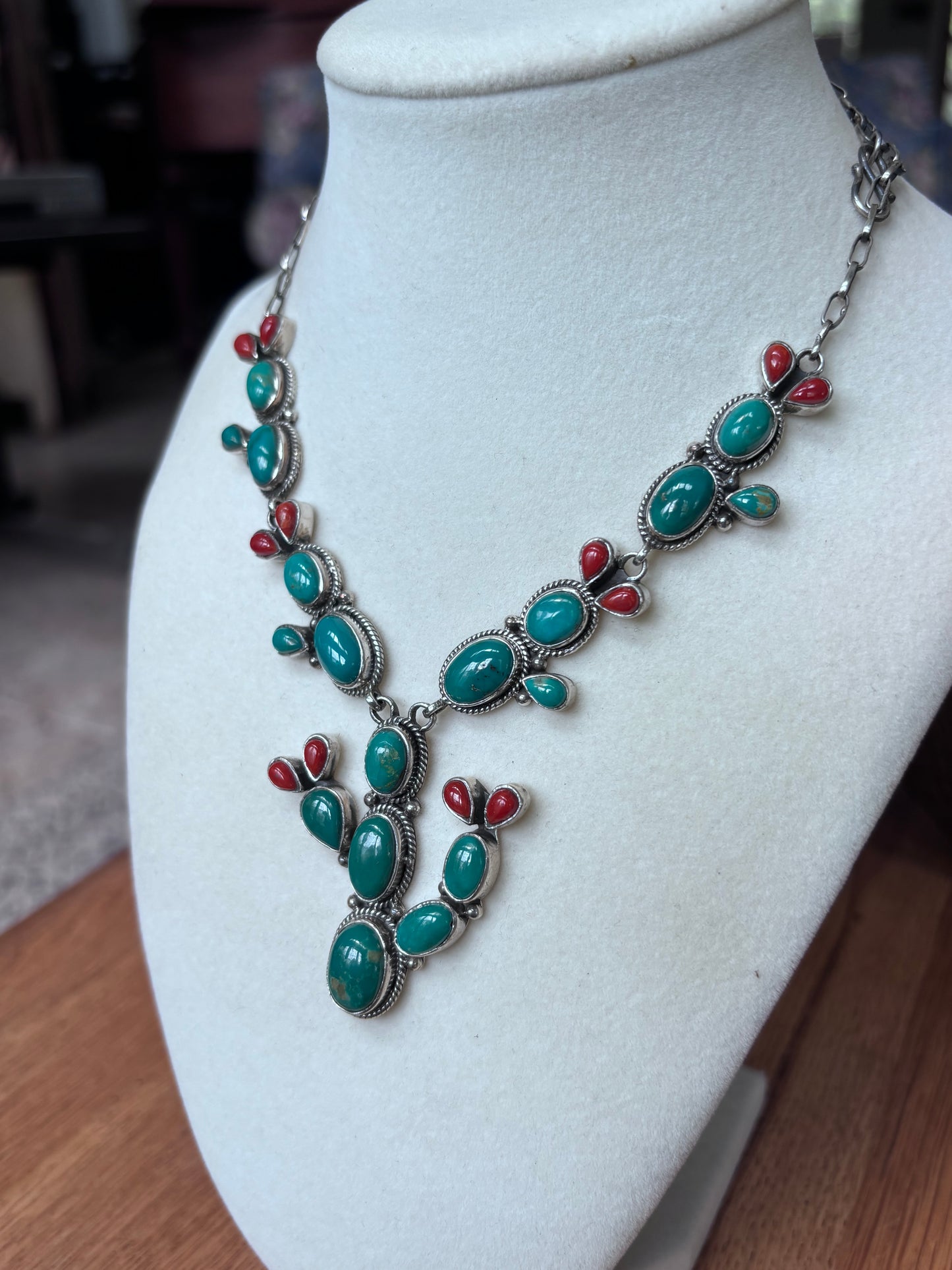 Turquoise Coral Prickly Pear Necklace | 925 Sterling Silver A106