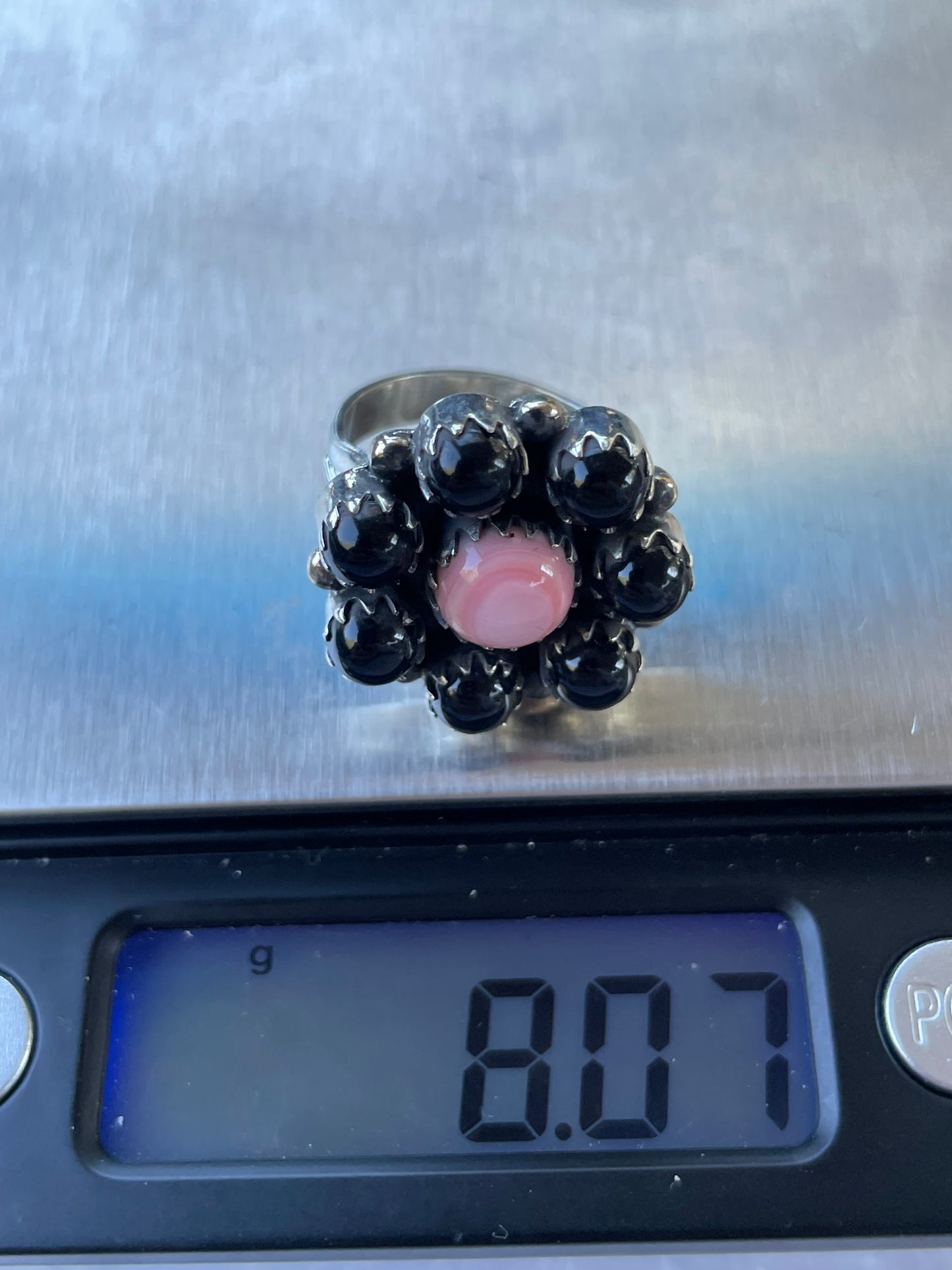 Pink Conch & Black Onyx Ring Size 7 | 925 Sterling Silver B942