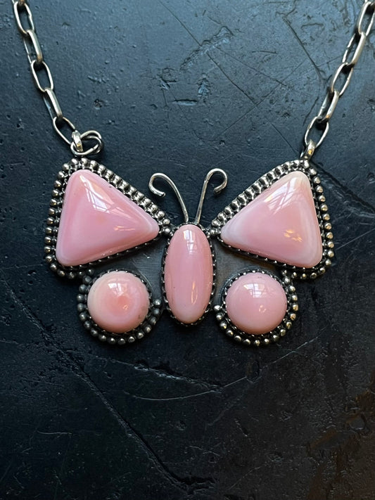 Pink Conch Butterfly Necklace | Tri Wing Cluster | 925 Silver E563