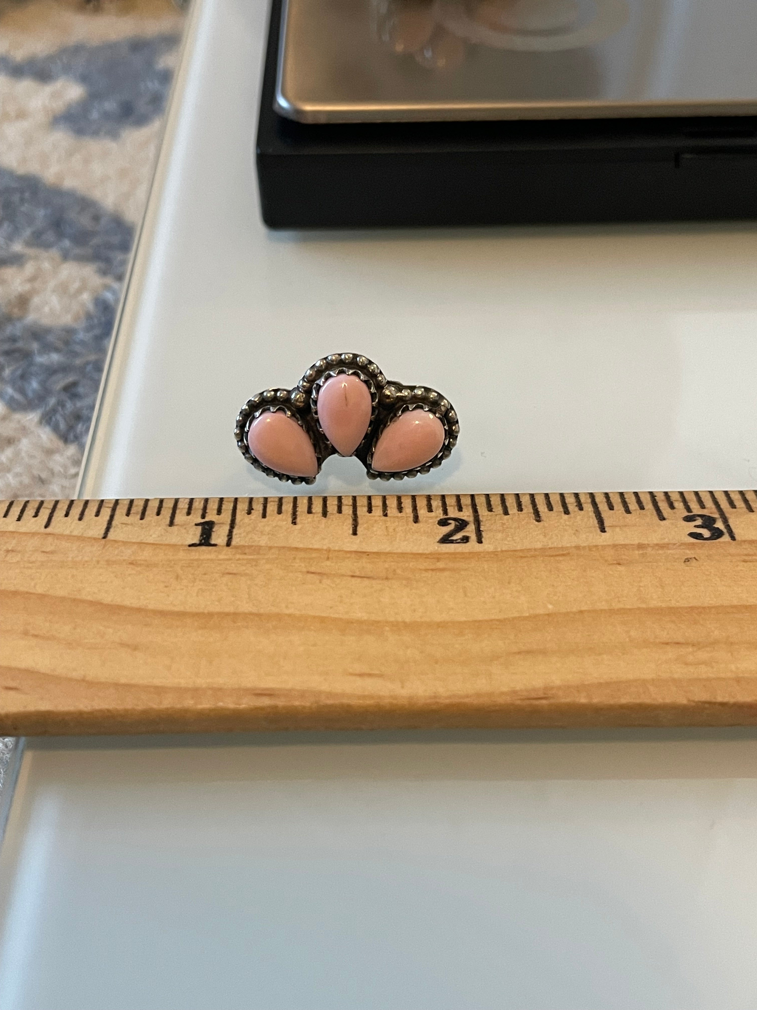 Pink Conch Stud Earrings | Three Stone Cluster Sterling Silver E671