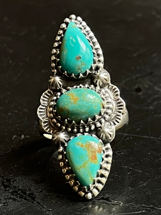 Kingman Turquoise Triple Stone Ring | Sterling Silver | Size 5.75 G308