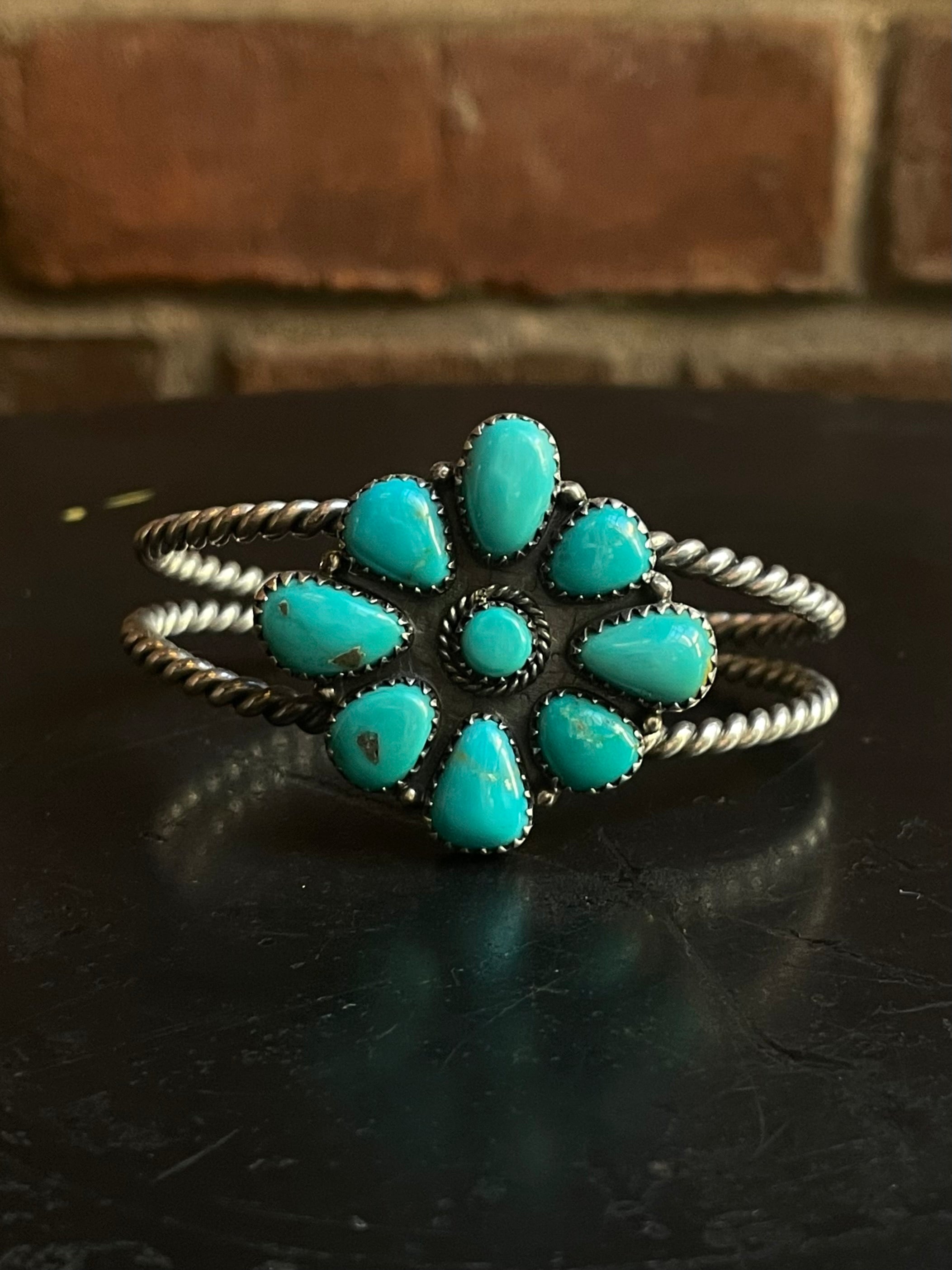 Kingman Turquoise Flower Cuff Bracelet | 925 Sterling Silver G677