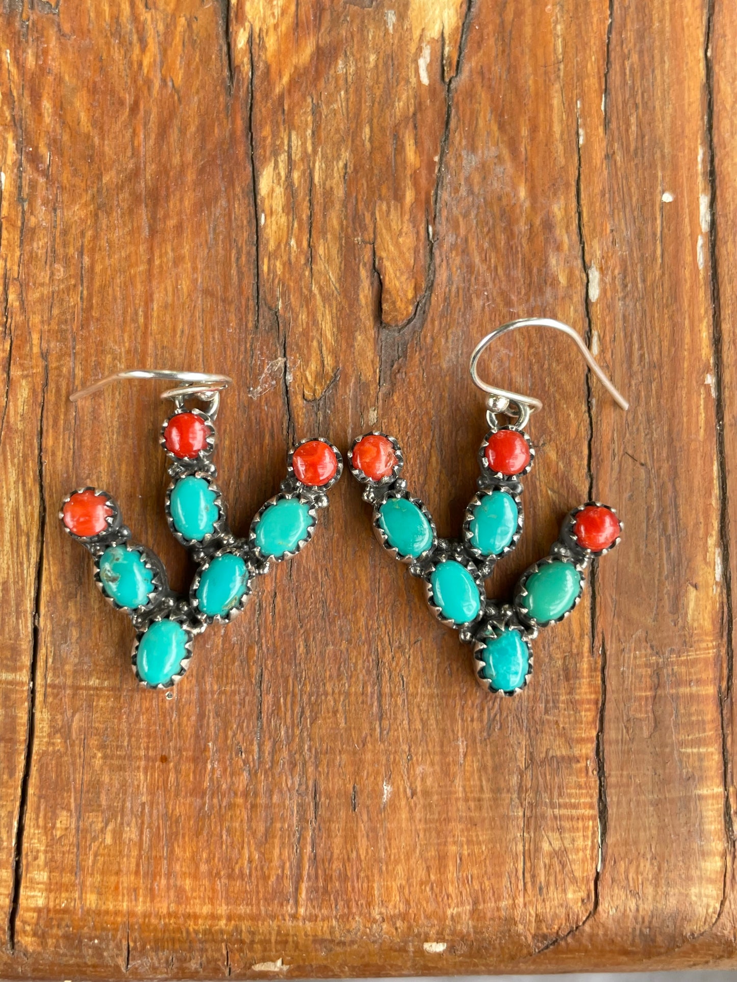 Turquoise and Coral Cactus Earrings | Sterling Silver B951