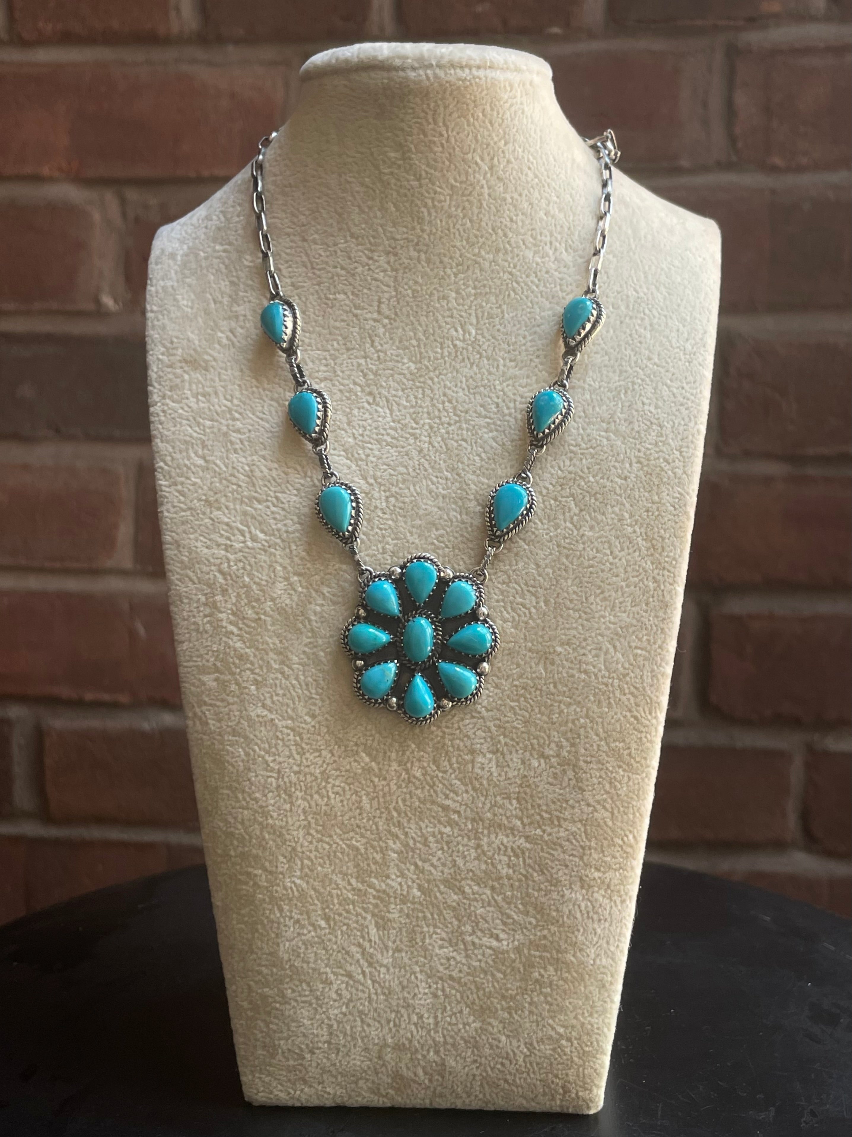 Kingman Turquoise Flower Cluster Necklace | 925 Sterling Silver G593