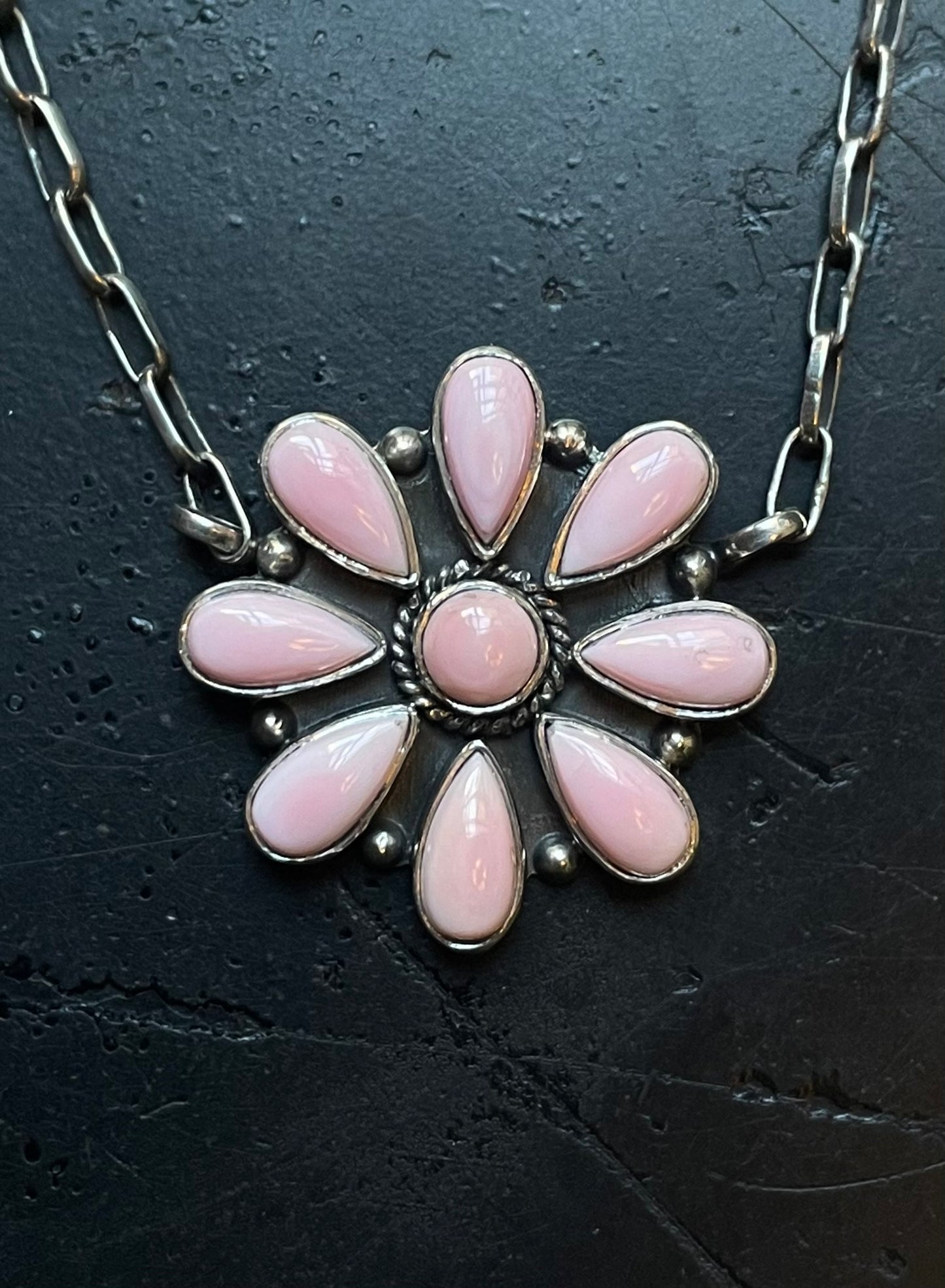 Pink Conch Flower Necklace | Cluster Blossom Pendant | 925 Silver E568