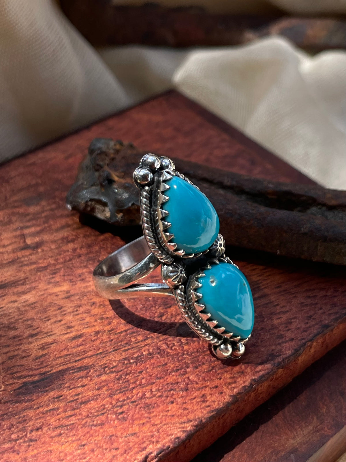 Turquoise Double Stone Ring Size 6 | 925 Sterling Silver C957
