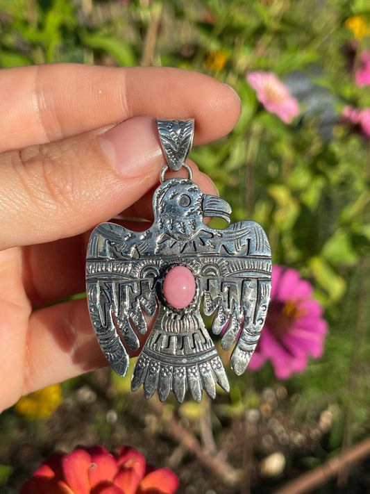 Pink Conch Thunderbird Pendant | Handcrafted Sterling Silver 925 B489