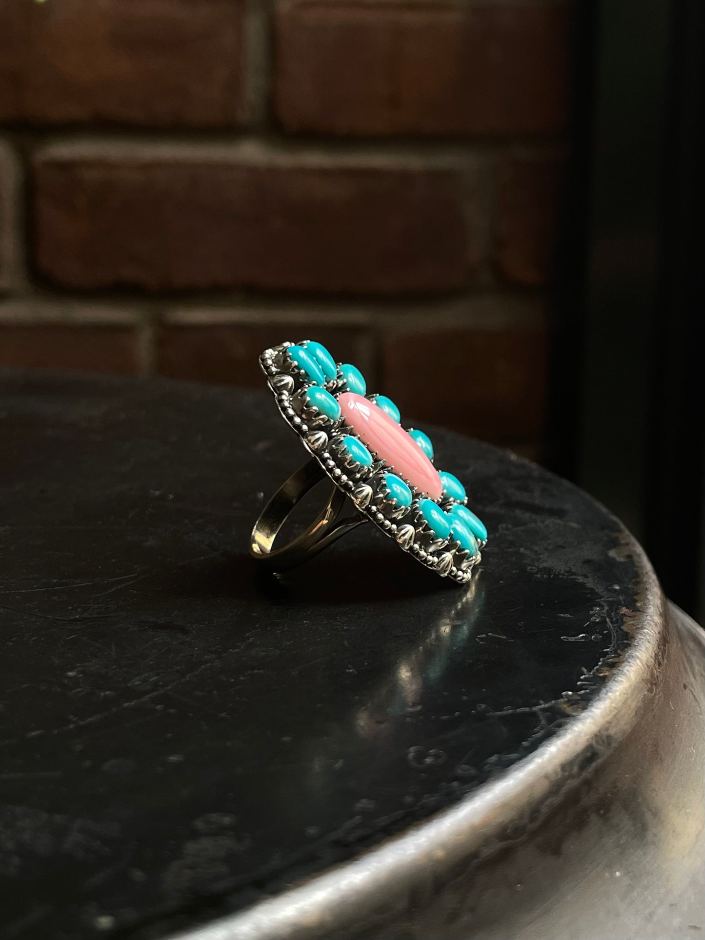 Pink Conch & Kingman Turquoise Cluster Ring | 925 Sterling Silver | Size 8 E322