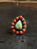 Kingman Turquoise Coral Cluster Ring Size 7 | 925 Sterling Silver E163