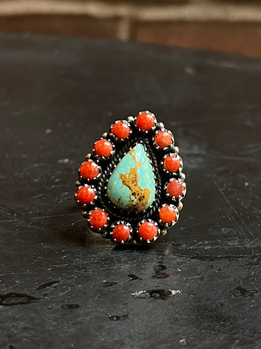Kingman Turquoise Coral Cluster Ring Size 7 | 925 Sterling Silver E163