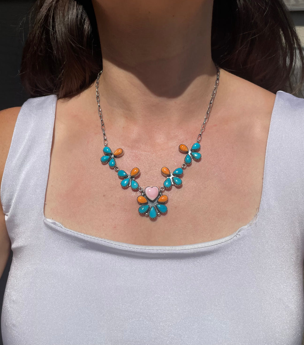 Turquoise Spiny Oyster & Pink Conch Necklace | 925 Sterling Silver D250