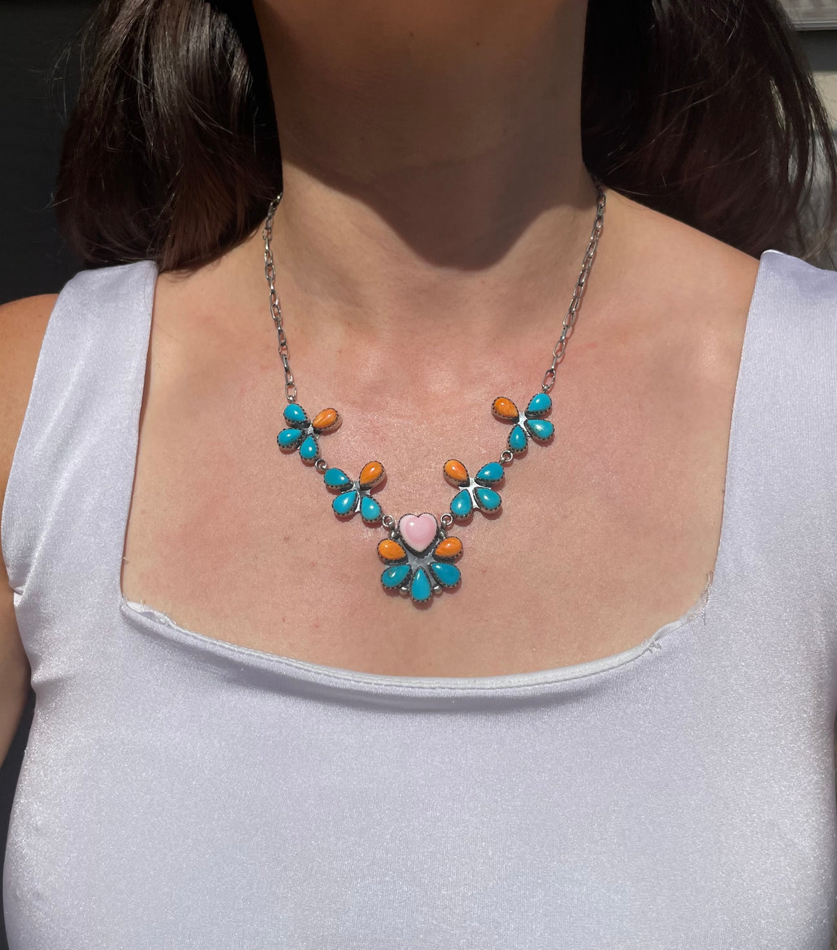 Turquoise Spiny Oyster & Pink Conch Necklace | 925 Sterling Silver D250