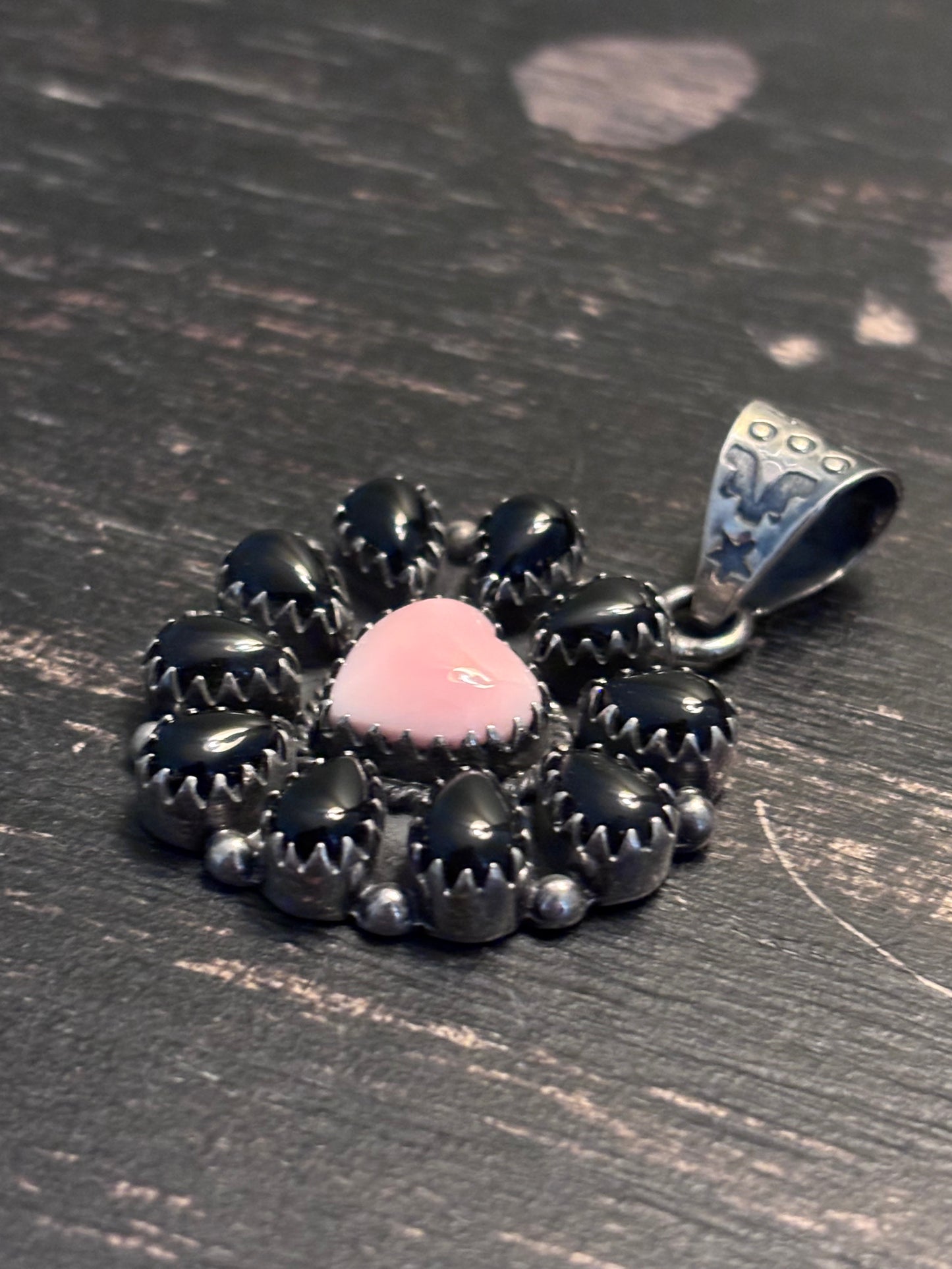 Pink Conch Black Onyx Heart Pendant | 925 Sterling Silver A097