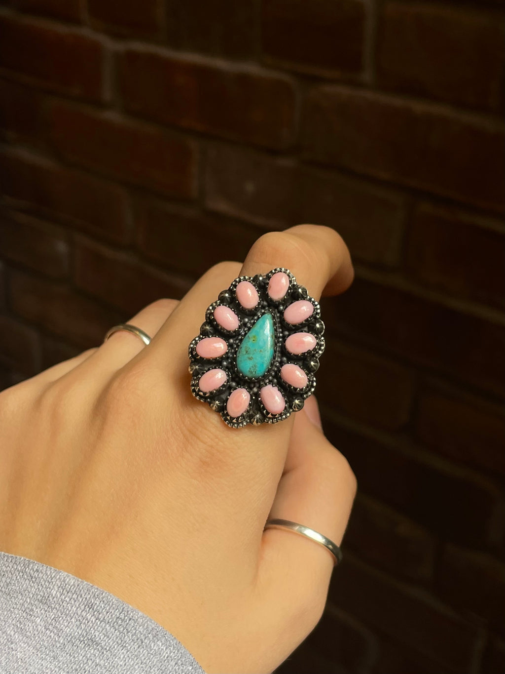 Pink Conch Turquoise Flower Ring | Sterling Silver Size 9 925 C739