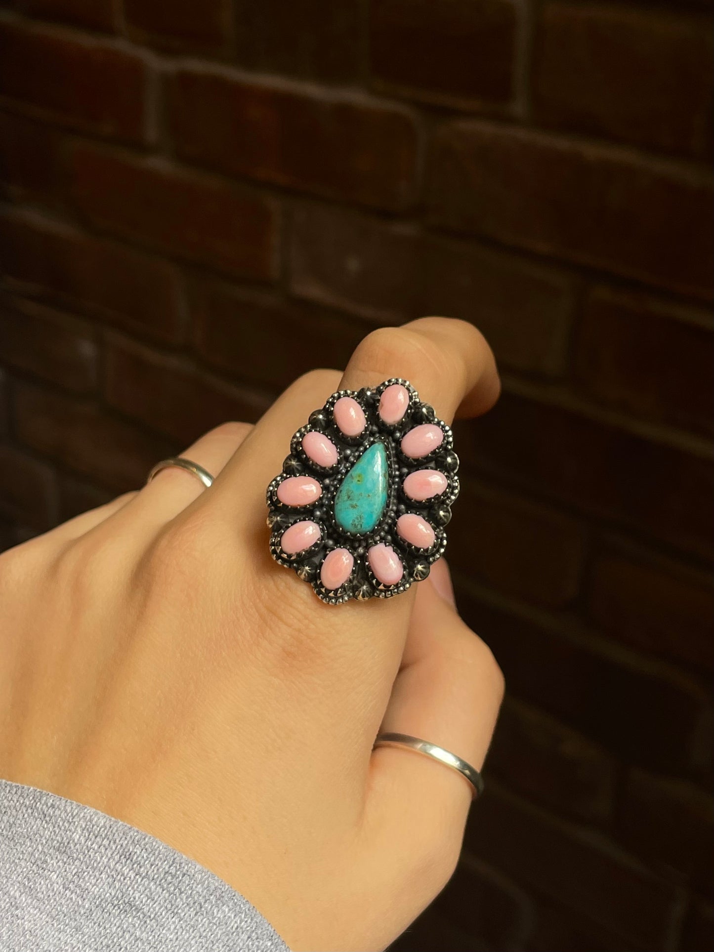 Pink Conch Turquoise Flower Ring | Sterling Silver Size 9 925 C739