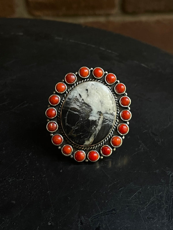 White Buffalo & Italian Coral Ring Size 5.5 | 925 Sterling Silver G680