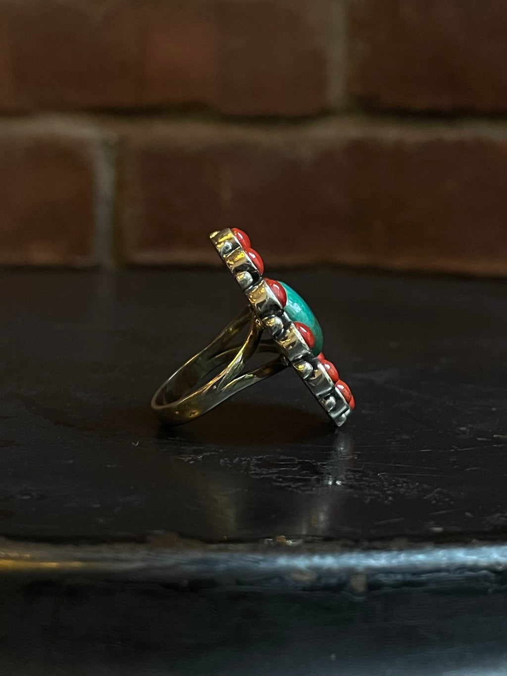 Coral & Turquoise Cluster Ring Size 9 | 925 Sterling Silver G262