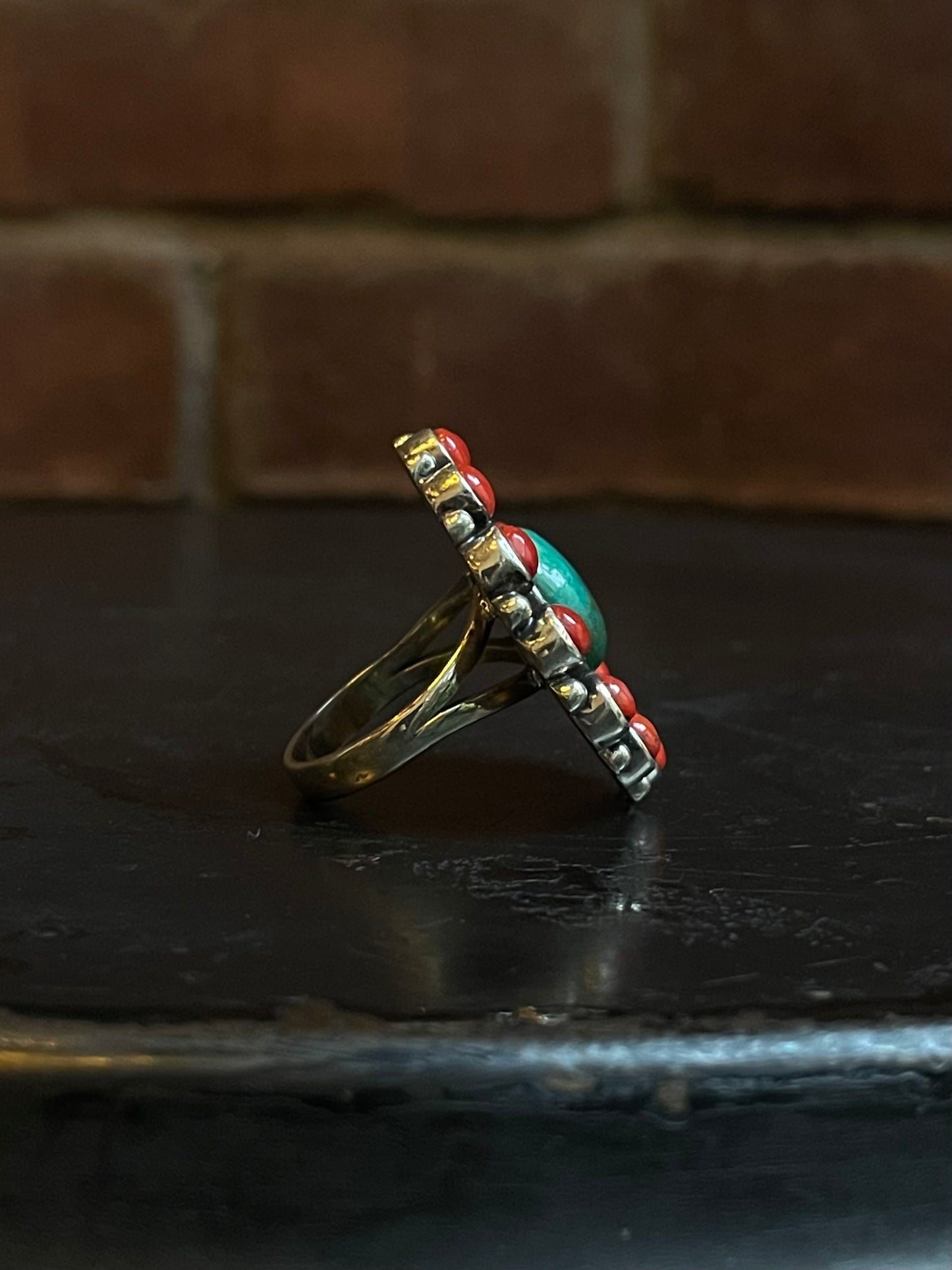 Coral & Turquoise Cluster Ring Size 9 | 925 Sterling Silver G262