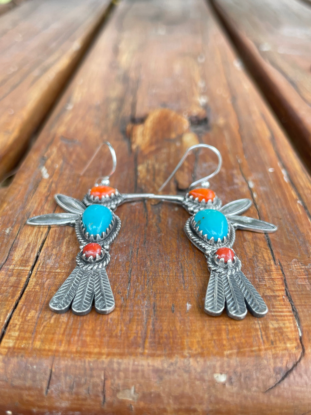 Turquoise Coral Spiny Oyster Hummingbird Earrings | Sterling Silver B952