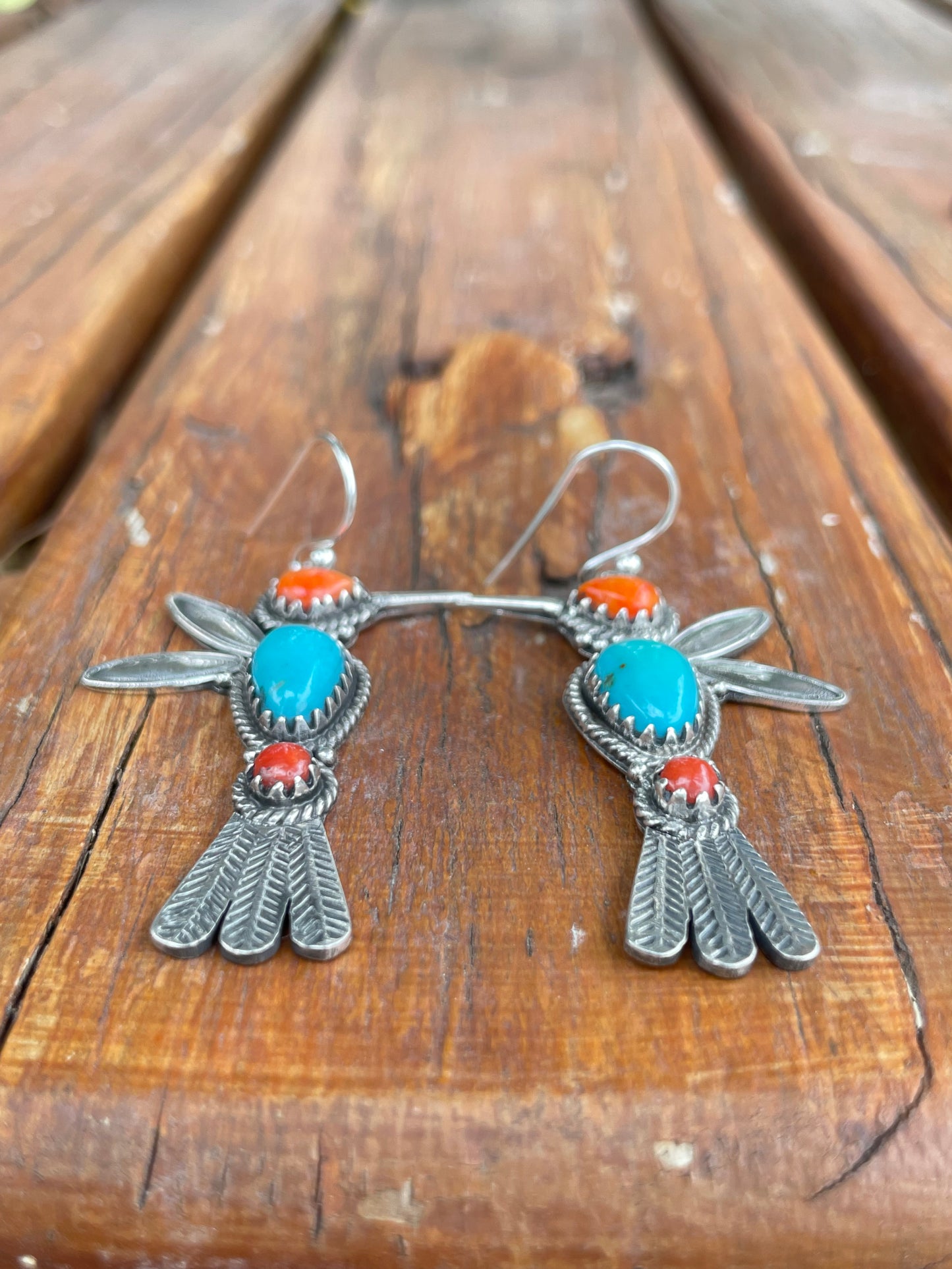 Turquoise Coral Spiny Oyster Hummingbird Earrings | Sterling Silver B952