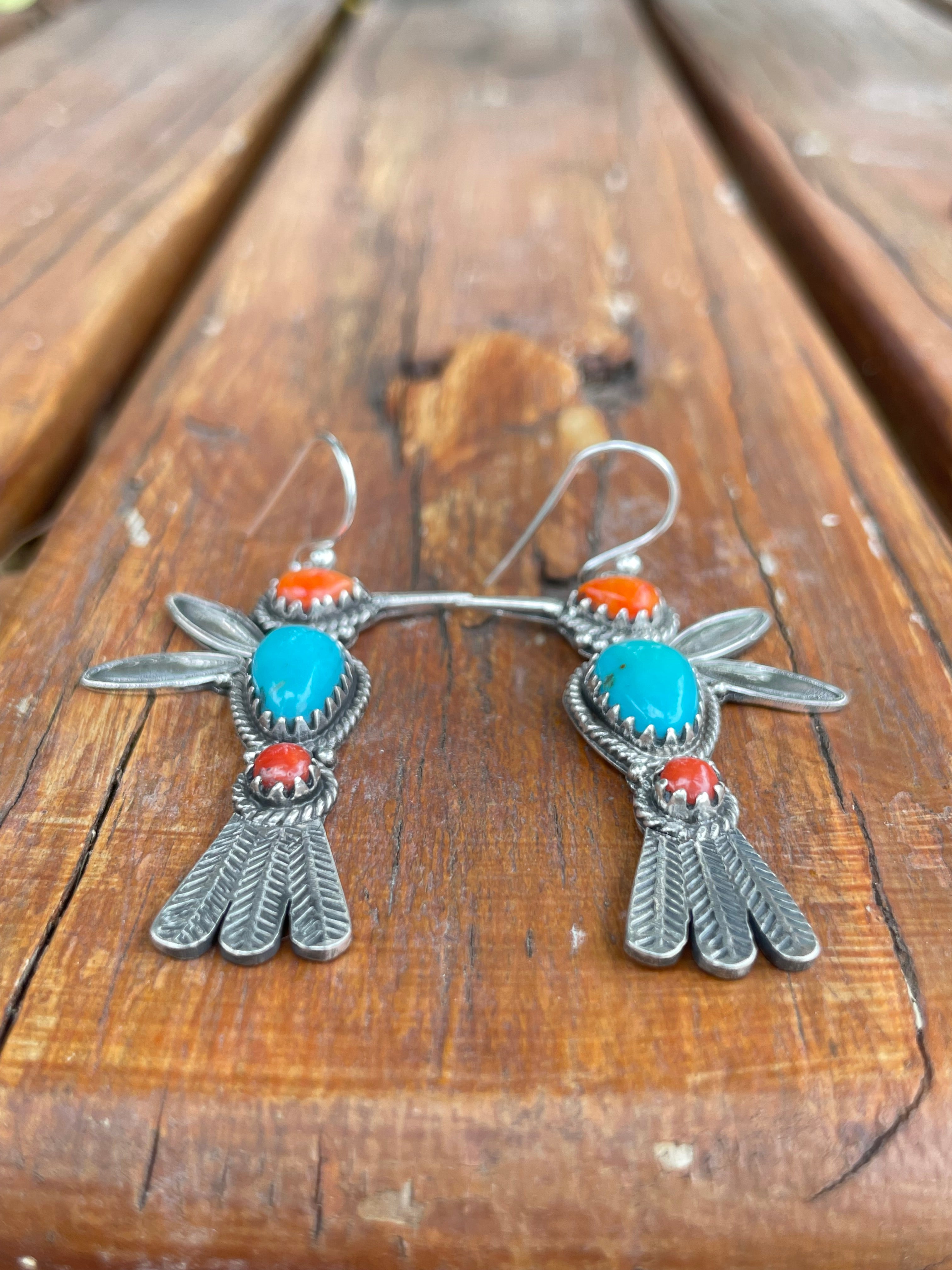 Turquoise Coral Spiny Oyster Hummingbird Earrings | Sterling Silver B952