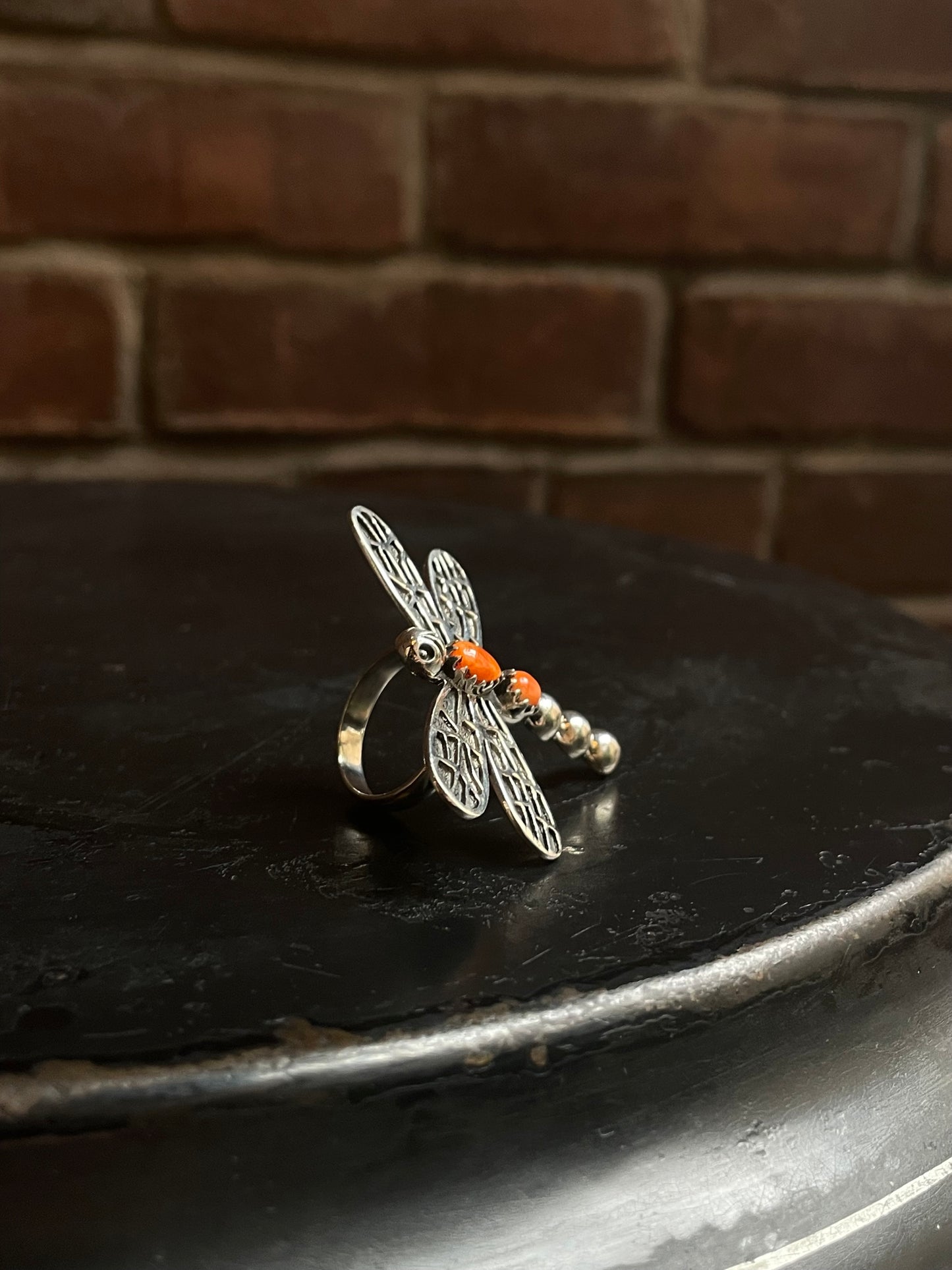 Coral & Spiny Dragonfly Ring | Sterling Silver | Handmade Size 7 C921