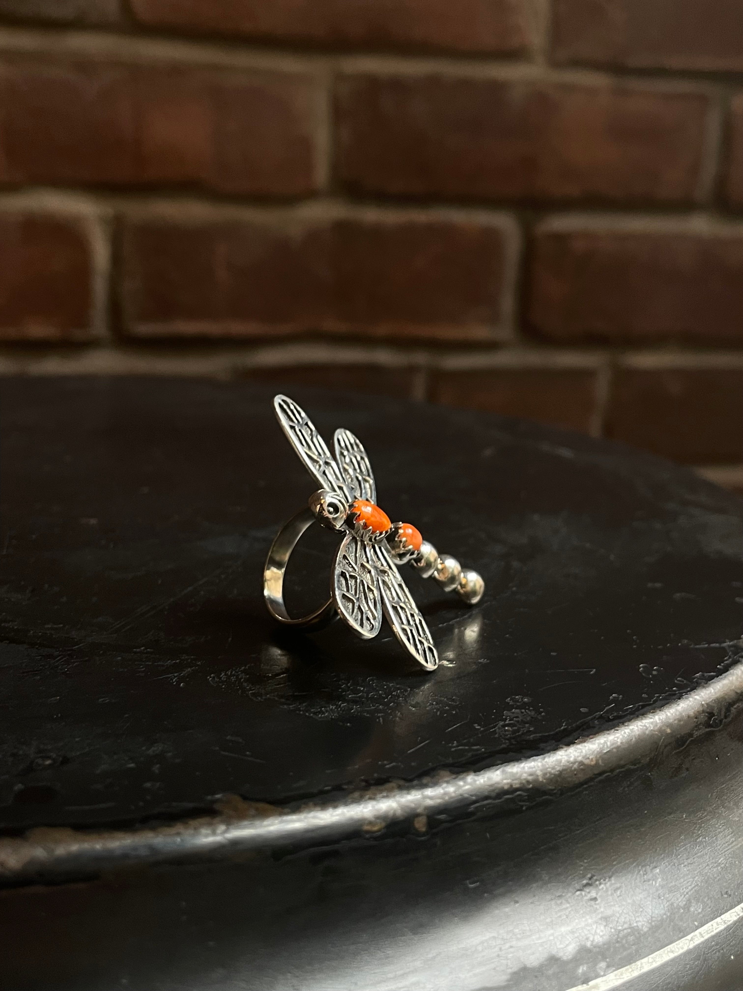 Coral & Spiny Dragonfly Ring | Sterling Silver | Handmade Size 7 C921