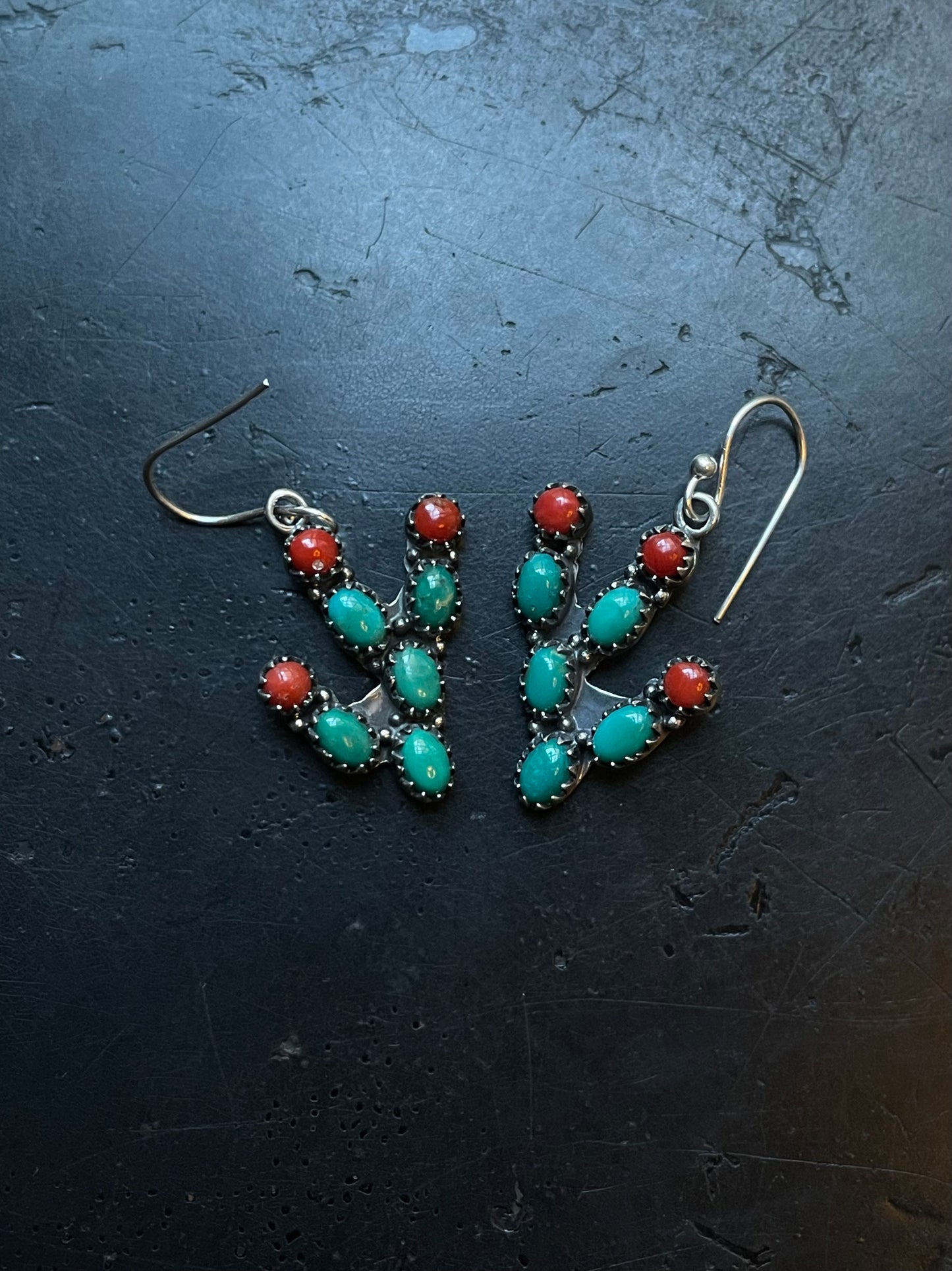Turquoise & Coral Cactus Earrings | 925 Sterling Silver E388