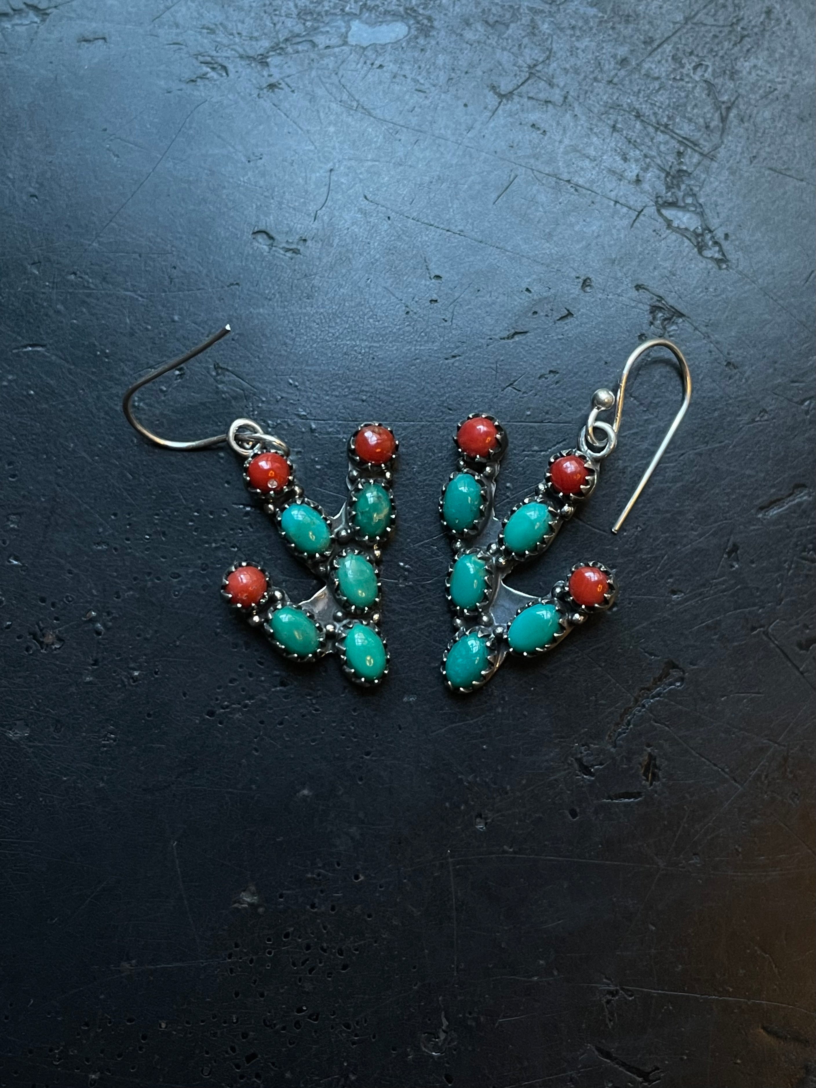 Turquoise & Coral Cactus Earrings | 925 Sterling Silver E388