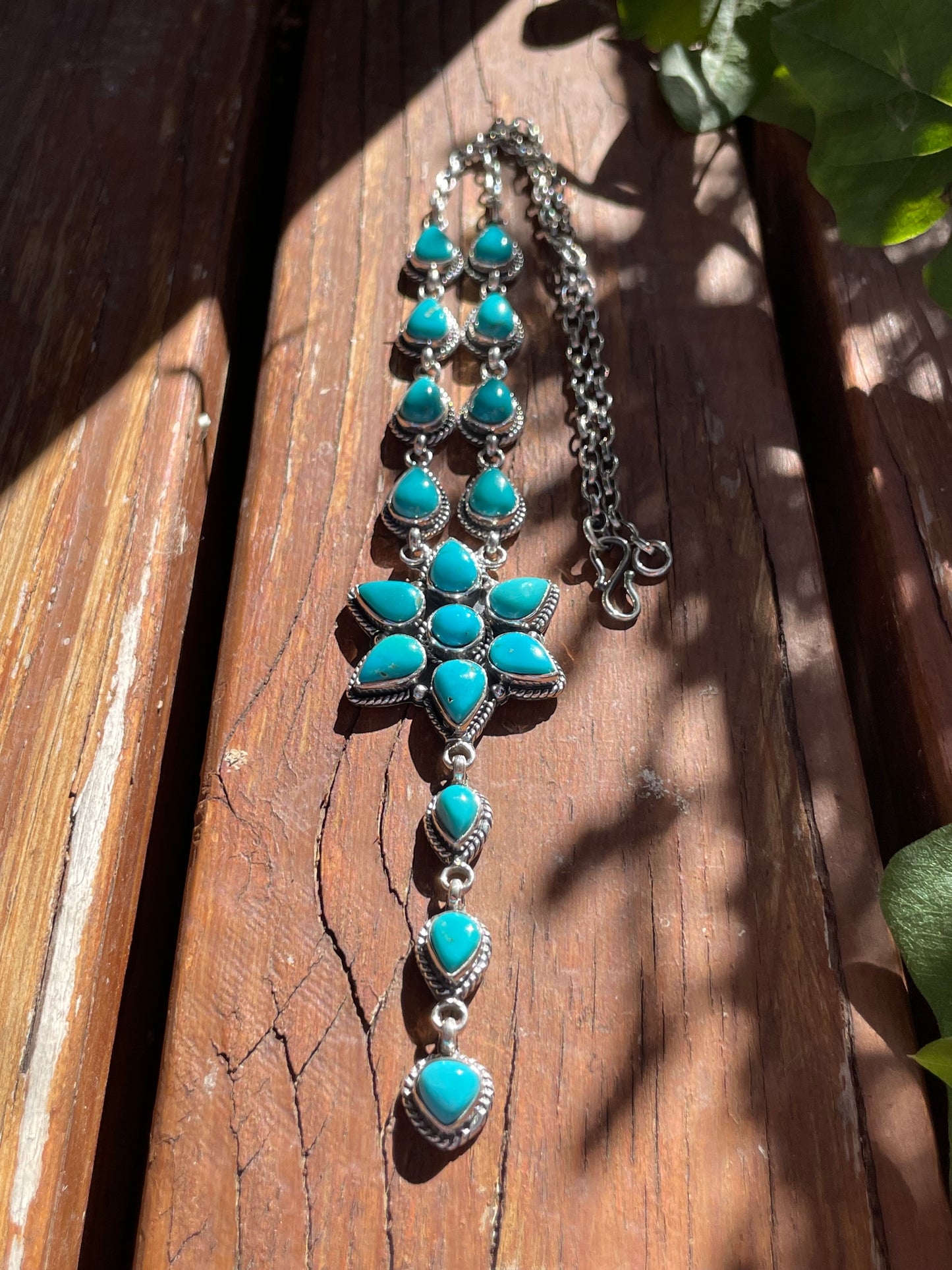 Kingman Turquoise Blossom Necklace | Cascading Starburst Drop | Sterling Silver B877