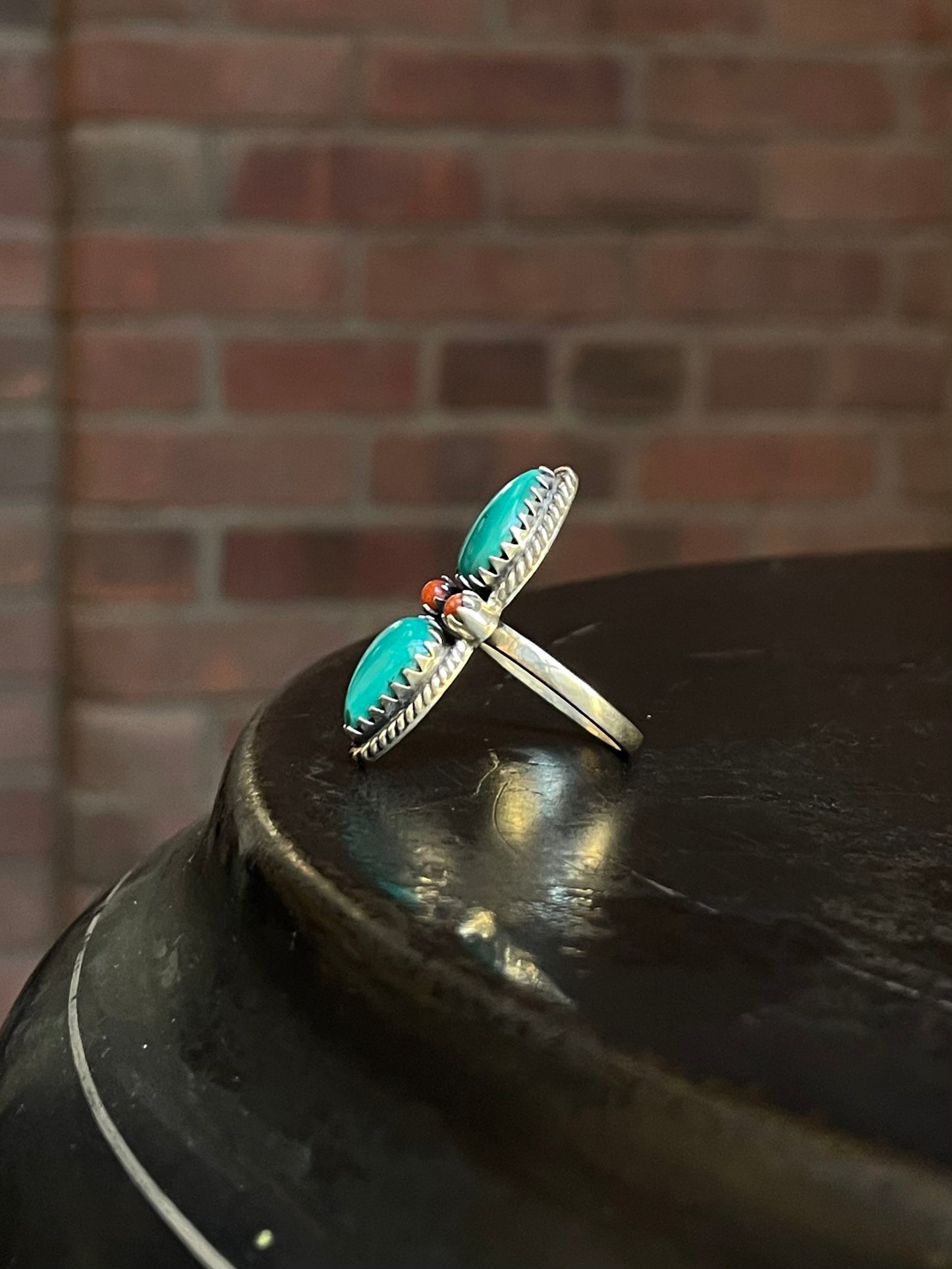 Turquoise & Coral Tear Drop Ring Size 6 | Sterling Silver E876
