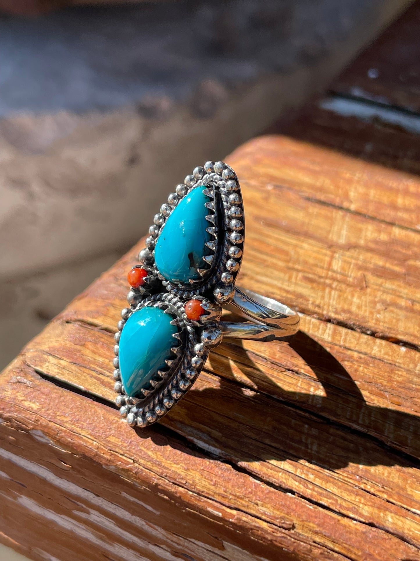 Turquoise & Coral Double Stone Ring Size 7.5 | 925 Sterling Silver B941