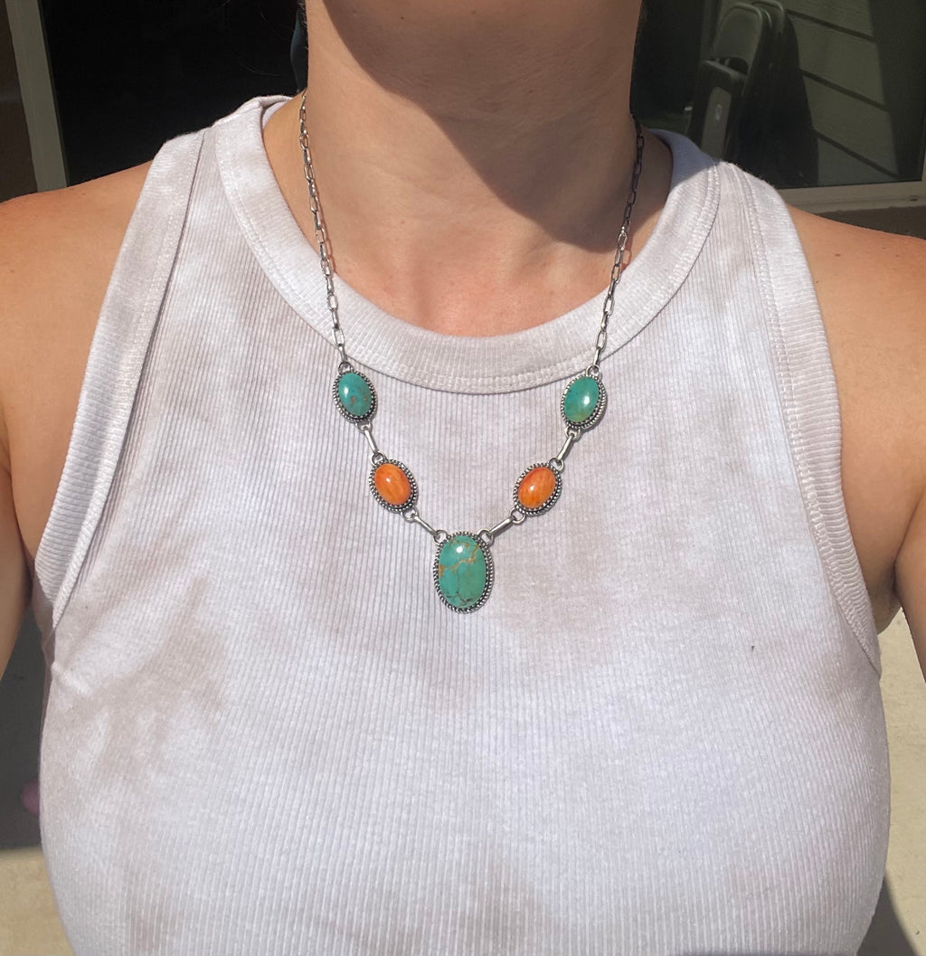 Turquoise & Spiny Oyster Necklace | 925 Sterling Silver D233