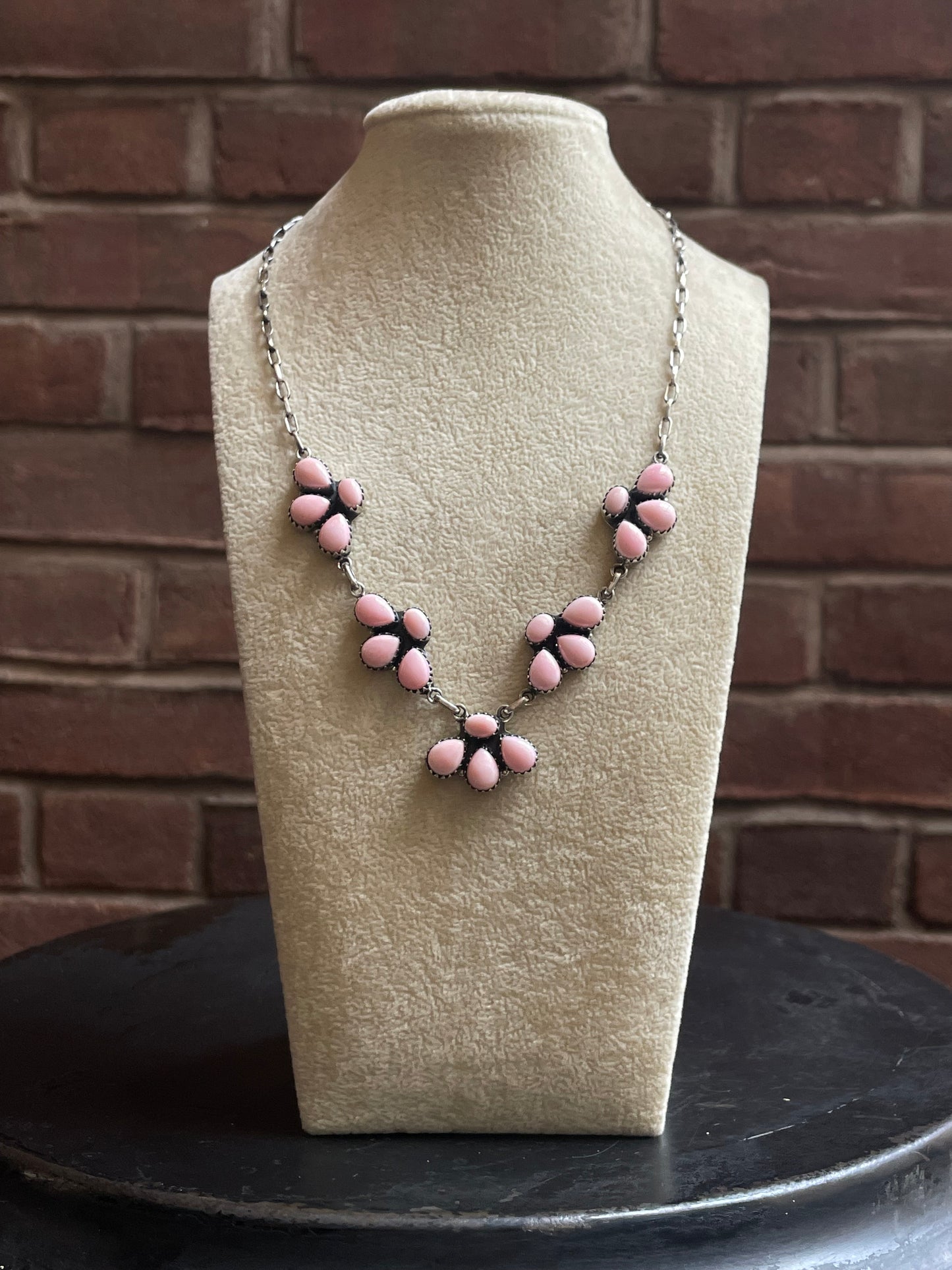 Pink Conch Necklace | Floral Cluster Link | 925 Silver E564