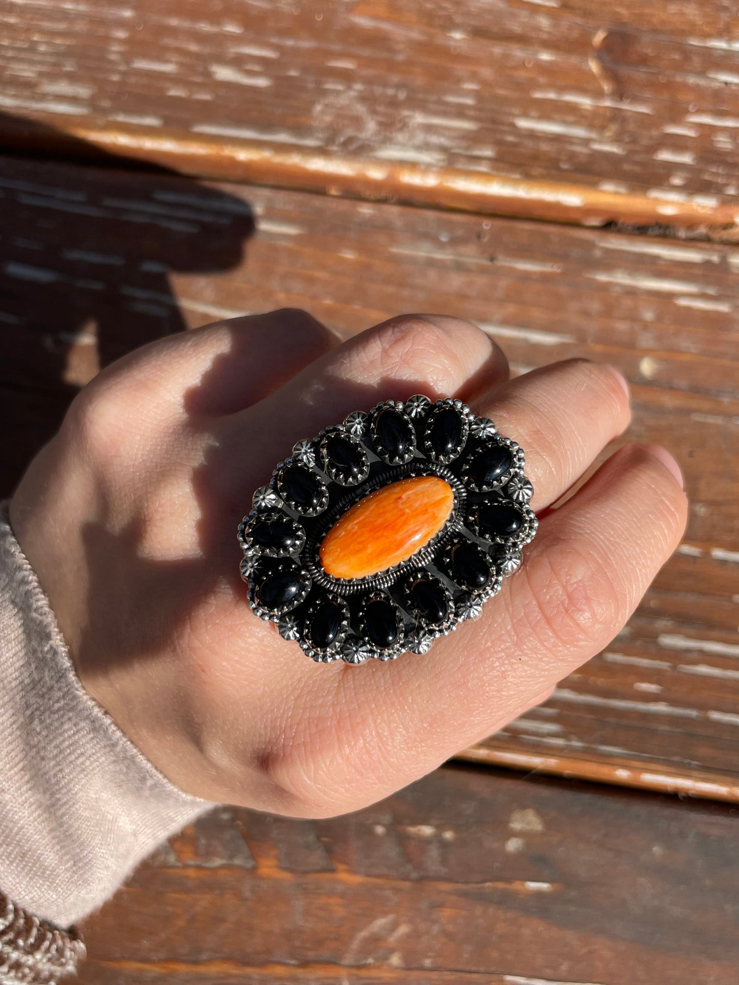 Spiny Oyster Black Onyx Cluster Ring Size 8.5 | 925 Sterling Silver D110