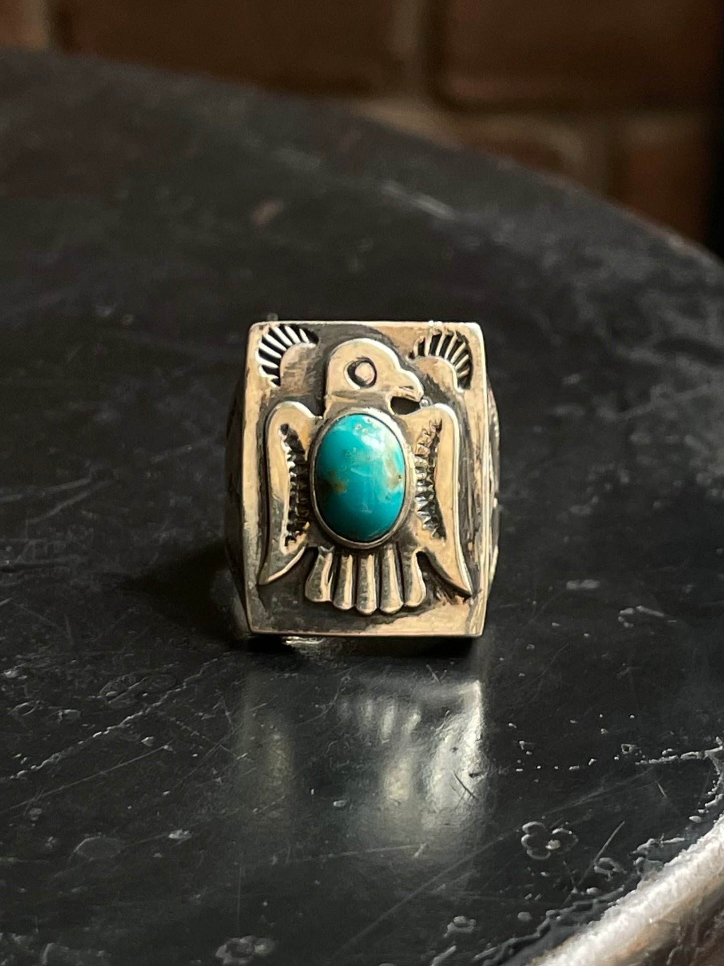 Kingman Turquoise Thunderbird Ring | 925 Sterling Silver | Size 8.75 E313