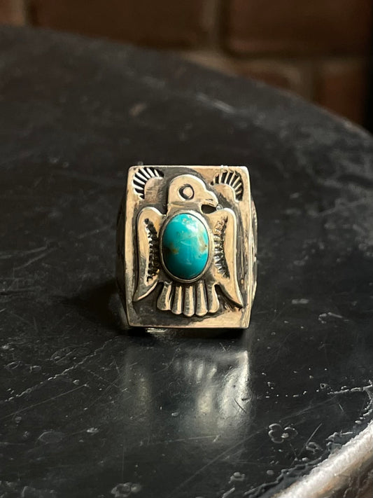Kingman Turquoise Thunderbird Ring | 925 Sterling Silver | Size 8.75 E313