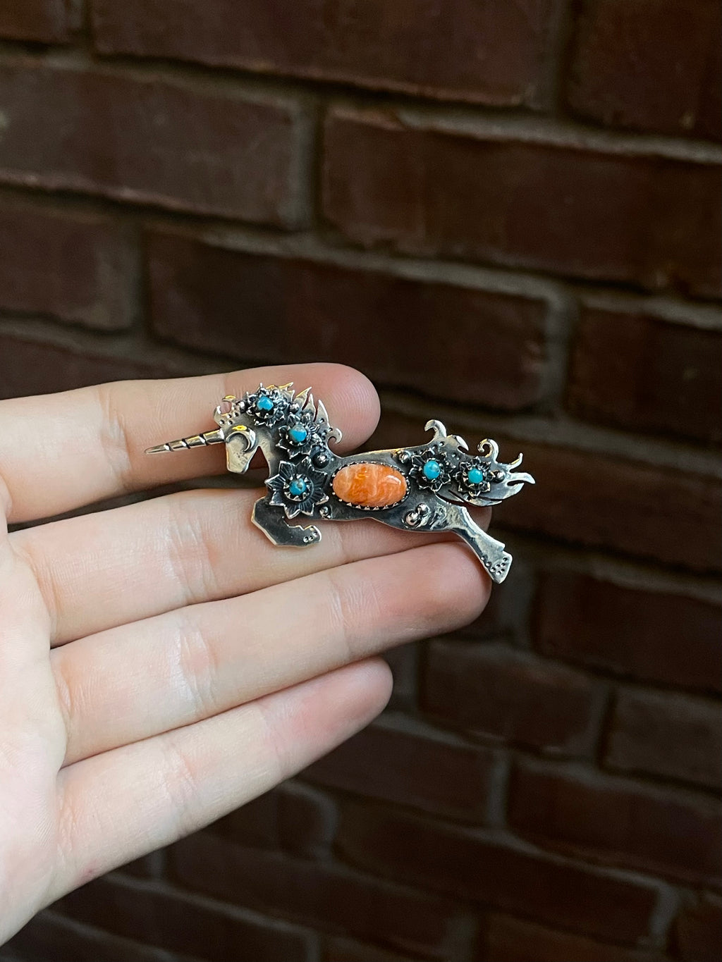 Spiny Oyster & Turquoise Unicorn Pendant | Sterling Silver 925 C664