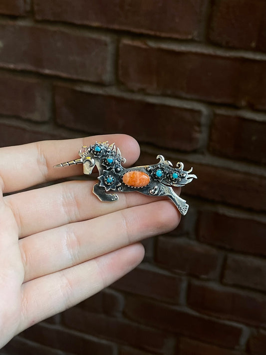 Spiny Oyster & Turquoise Unicorn Pendant | Sterling Silver 925 C664
