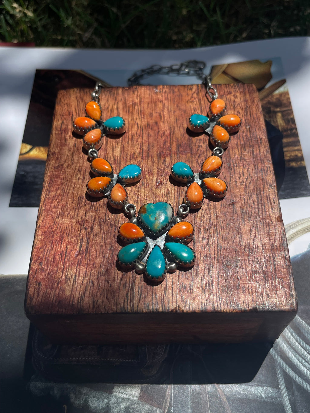 Turquoise & Spiny Oyster Floral Necklace | 925 Sterling Silver D251