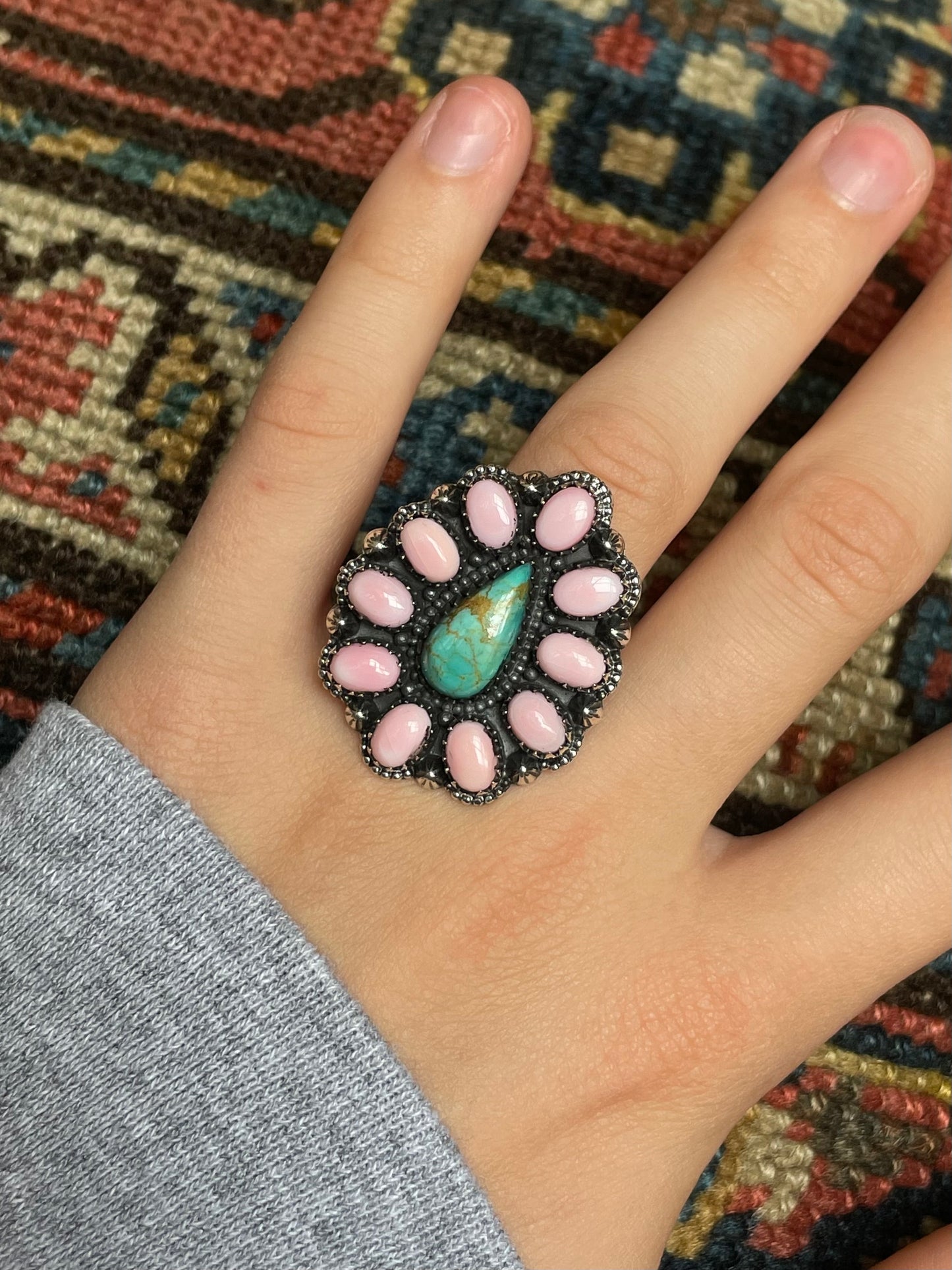 Turquoise Pink Conch Cluster Ring | Size 7 C589