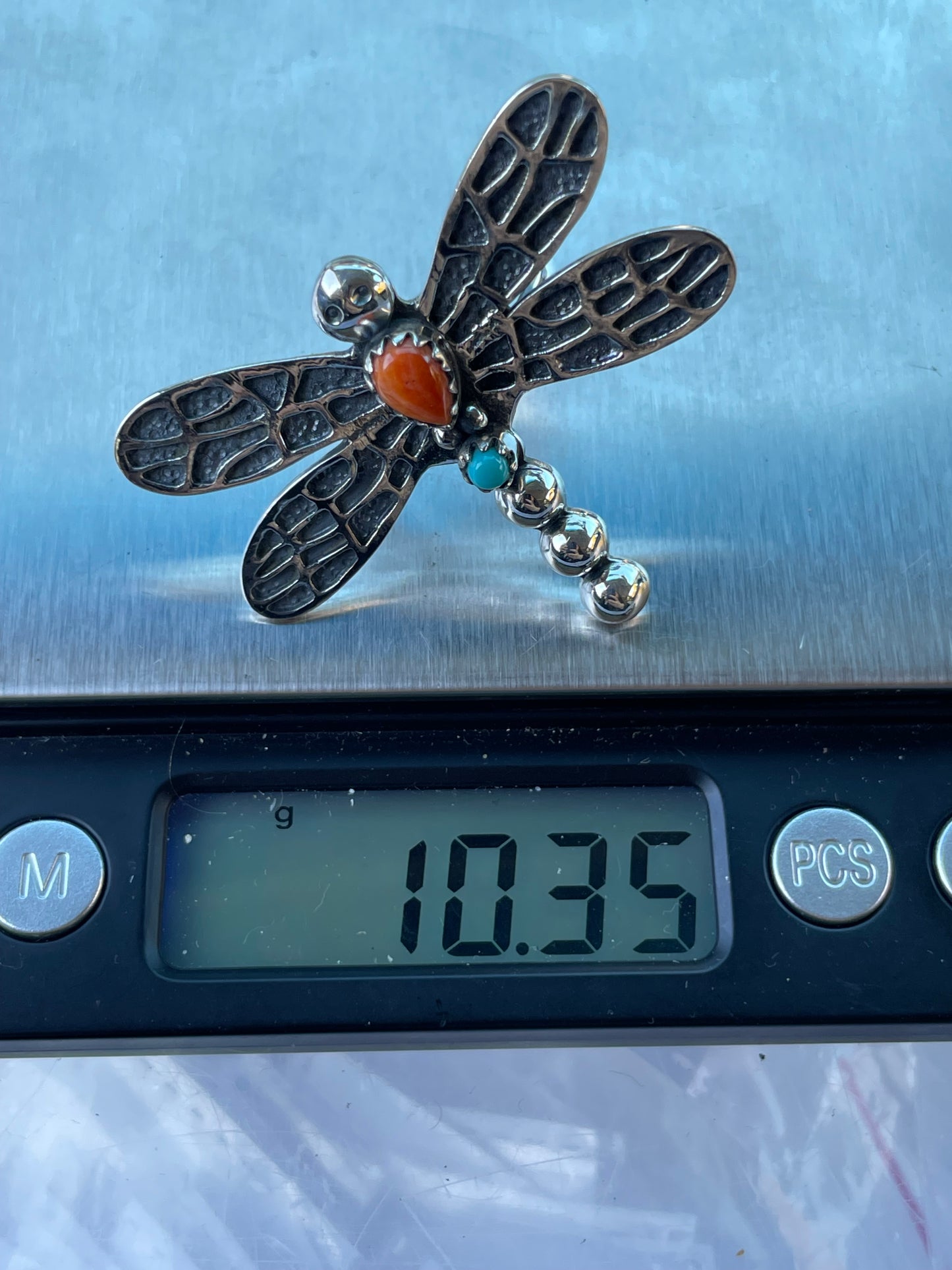 Spiny Oyster & Turquoise Dragonfly Ring | Sterling Silver 925 | Size 7.25 C693
