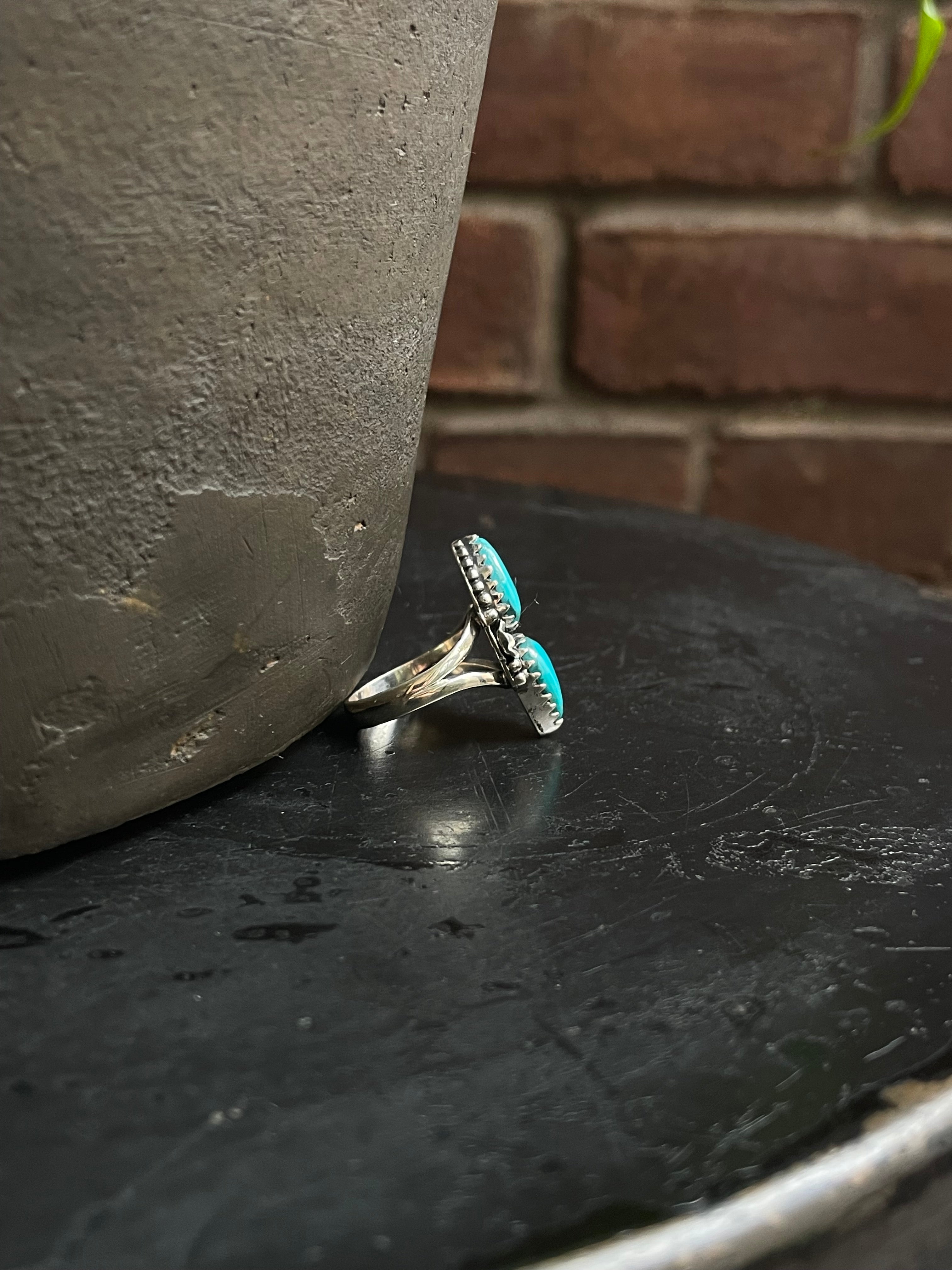 Kingman Turquoise Double Stone Ring Size 8 | 925 Sterling Silver Southwest E205