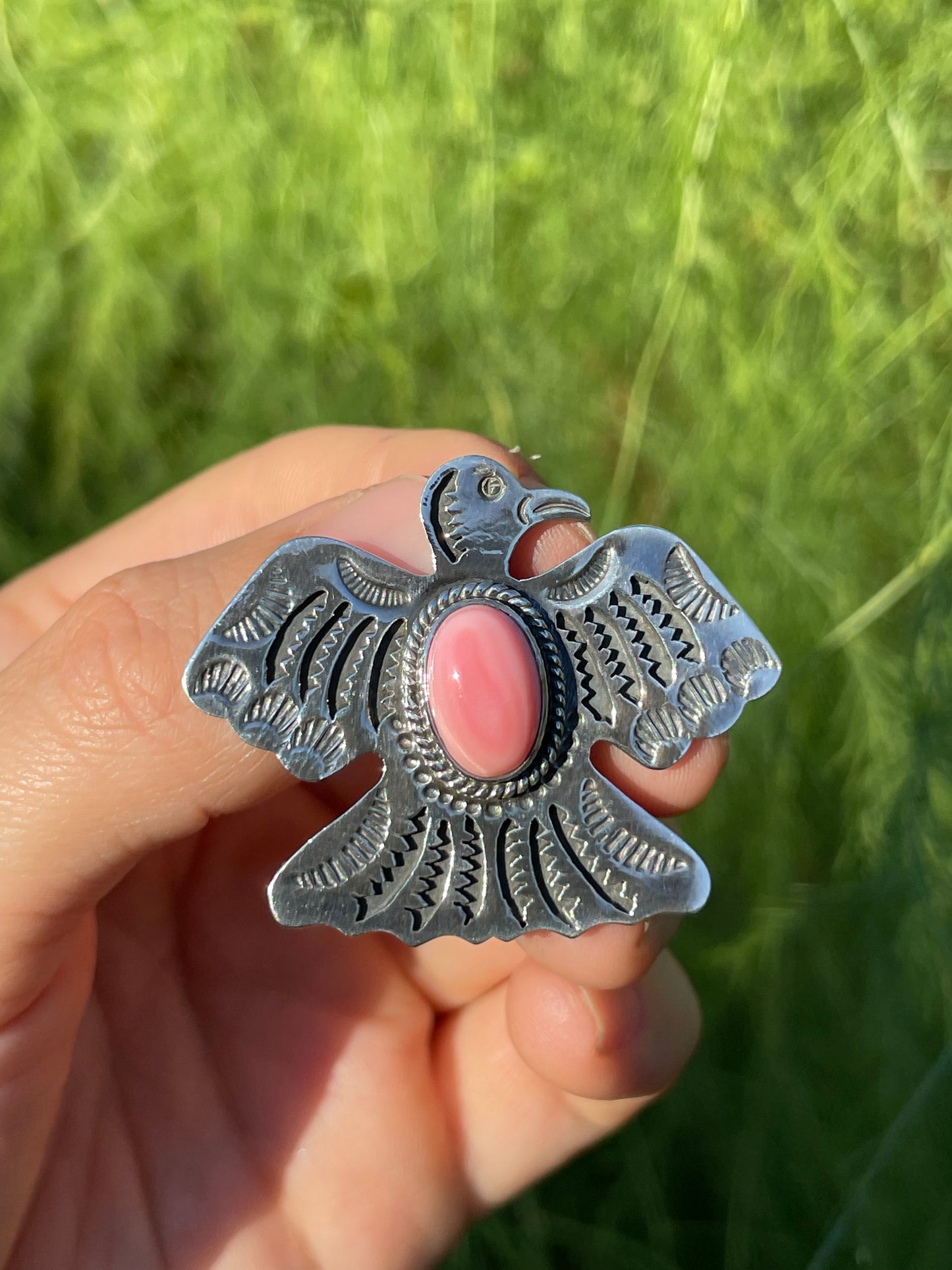 Pink Conch Thunderbird Pendant | Handcrafted Sterling Silver 925 B455