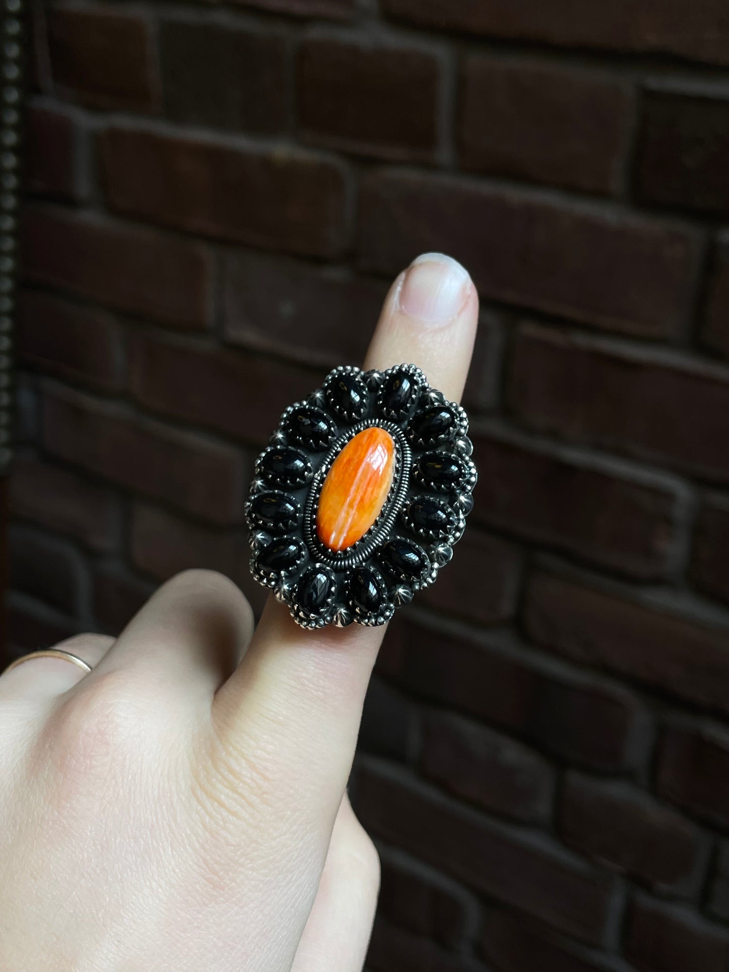 Spiny Oyster Black Onyx Cluster Ring Size 7 | 925 Sterling Silver E111