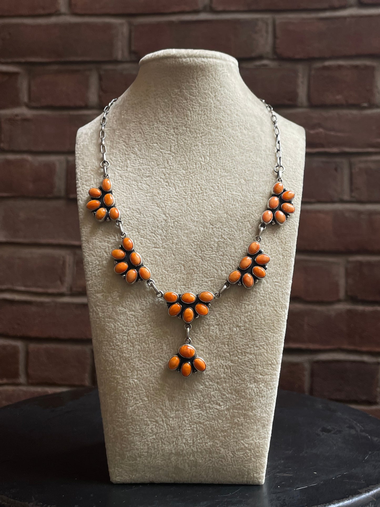 Spiny Oyster Cluster Necklace | Floral Stations with Drop | 925 Silver E596