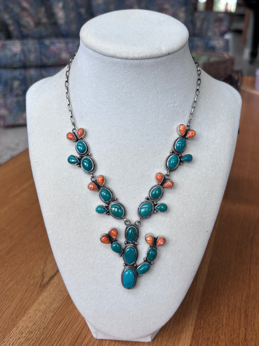 Turquoise Spiny Oyster Prickly Pear Necklace | 925 Sterling Silver A107