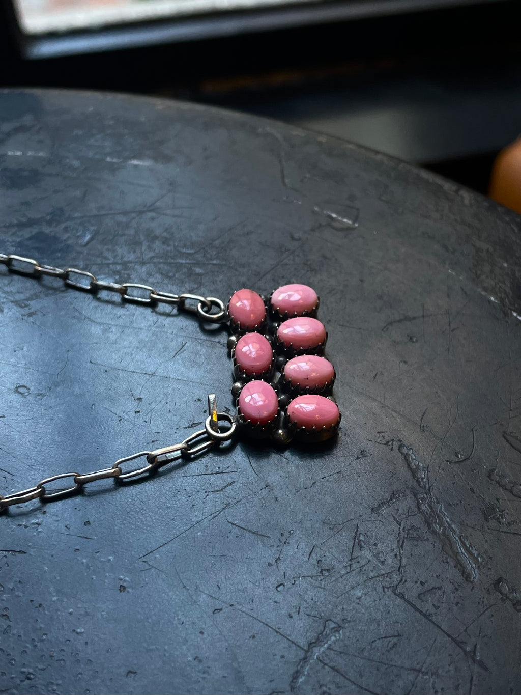 Pink Conch Necklace | Rectangular Cluster Bar | 925 Silver E581
