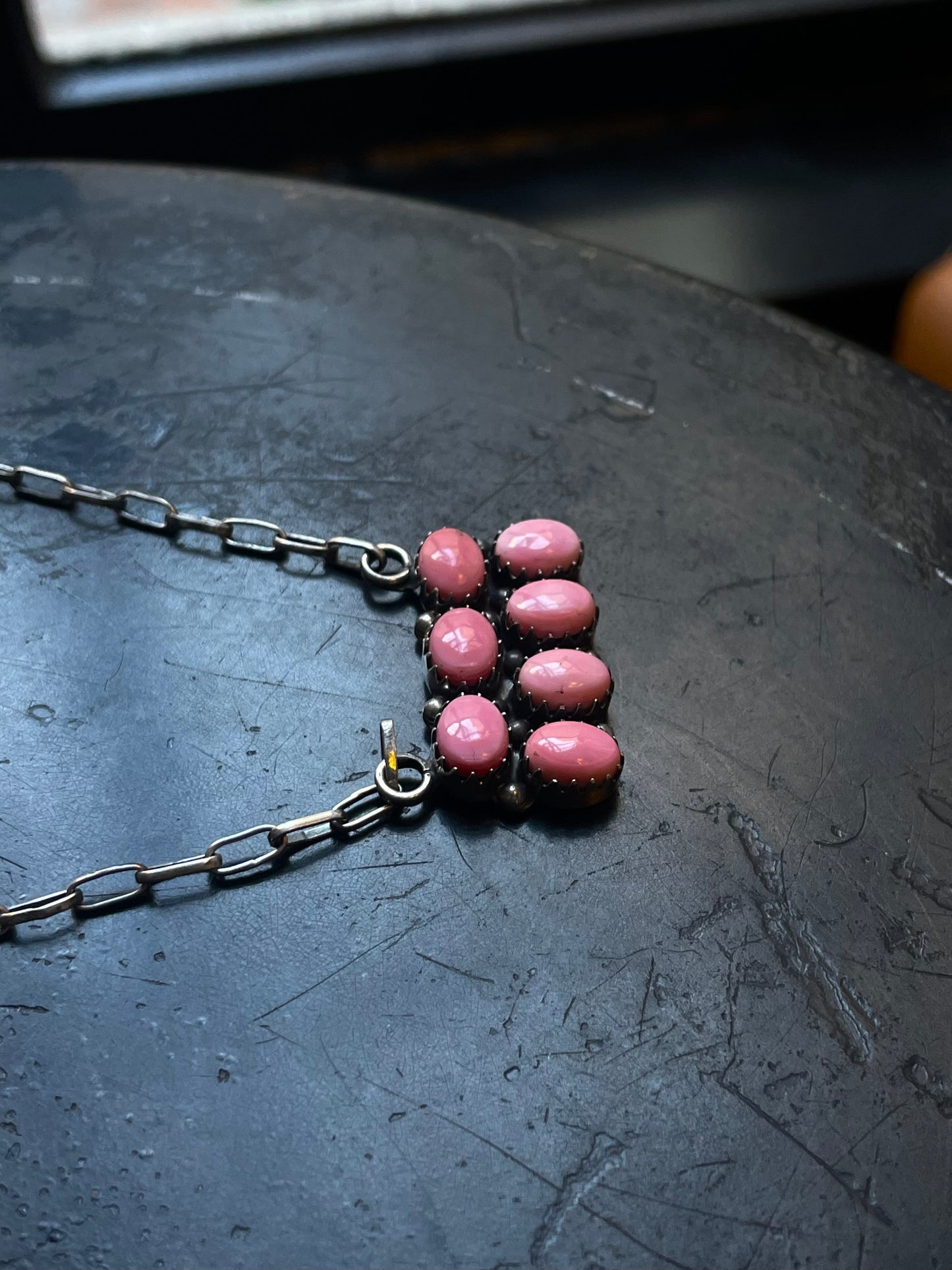 Pink Conch Necklace | Rectangular Cluster Bar | 925 Silver E581